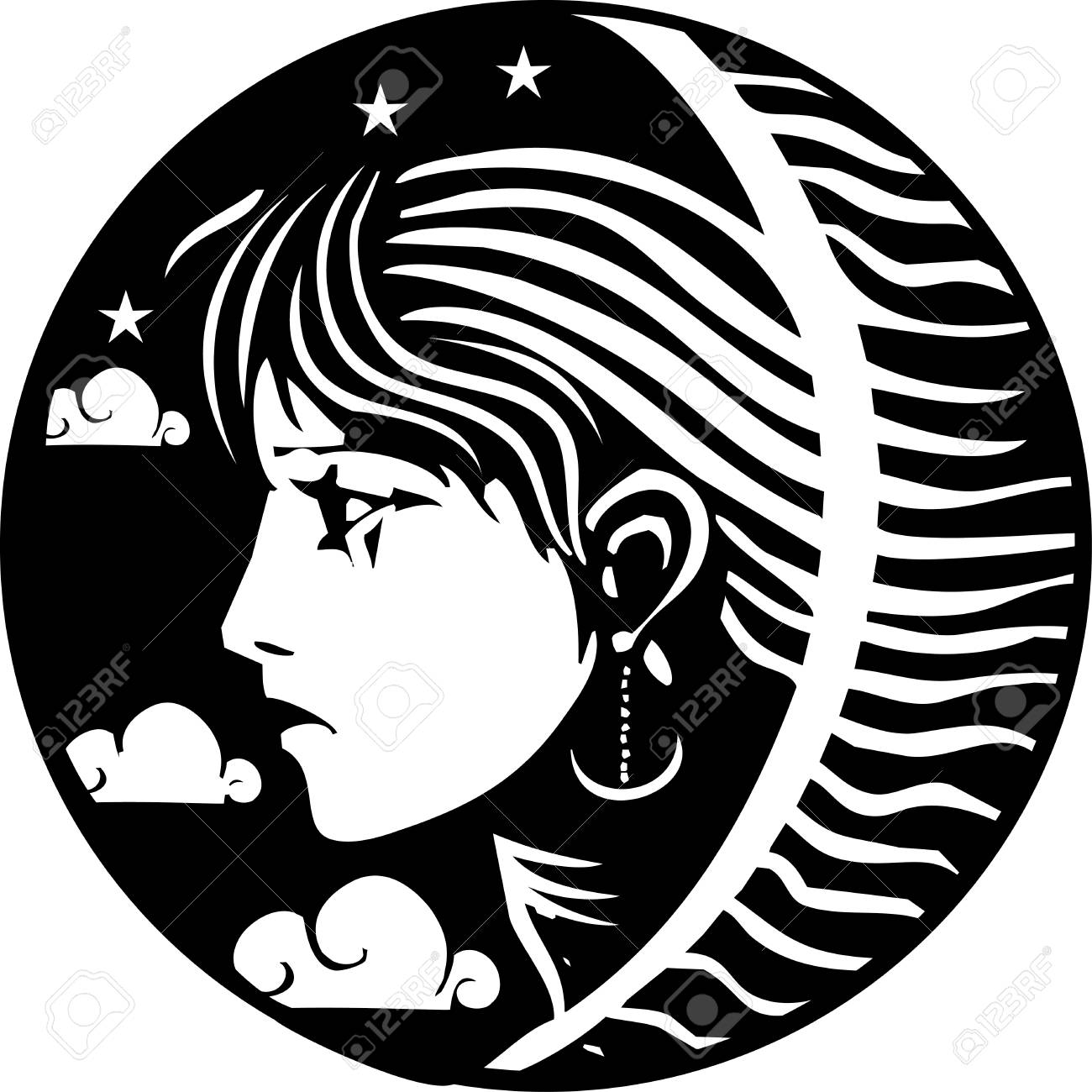 夜星雲を女の子の木版画のスタイル イメージ のイラスト素材 ベクタ Image