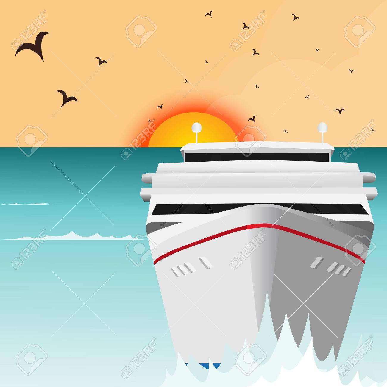 Luxury cruise ship sailing from port on sunrise - 36925691 Luxury cruise ship sailing from port on sunrise - 36925691