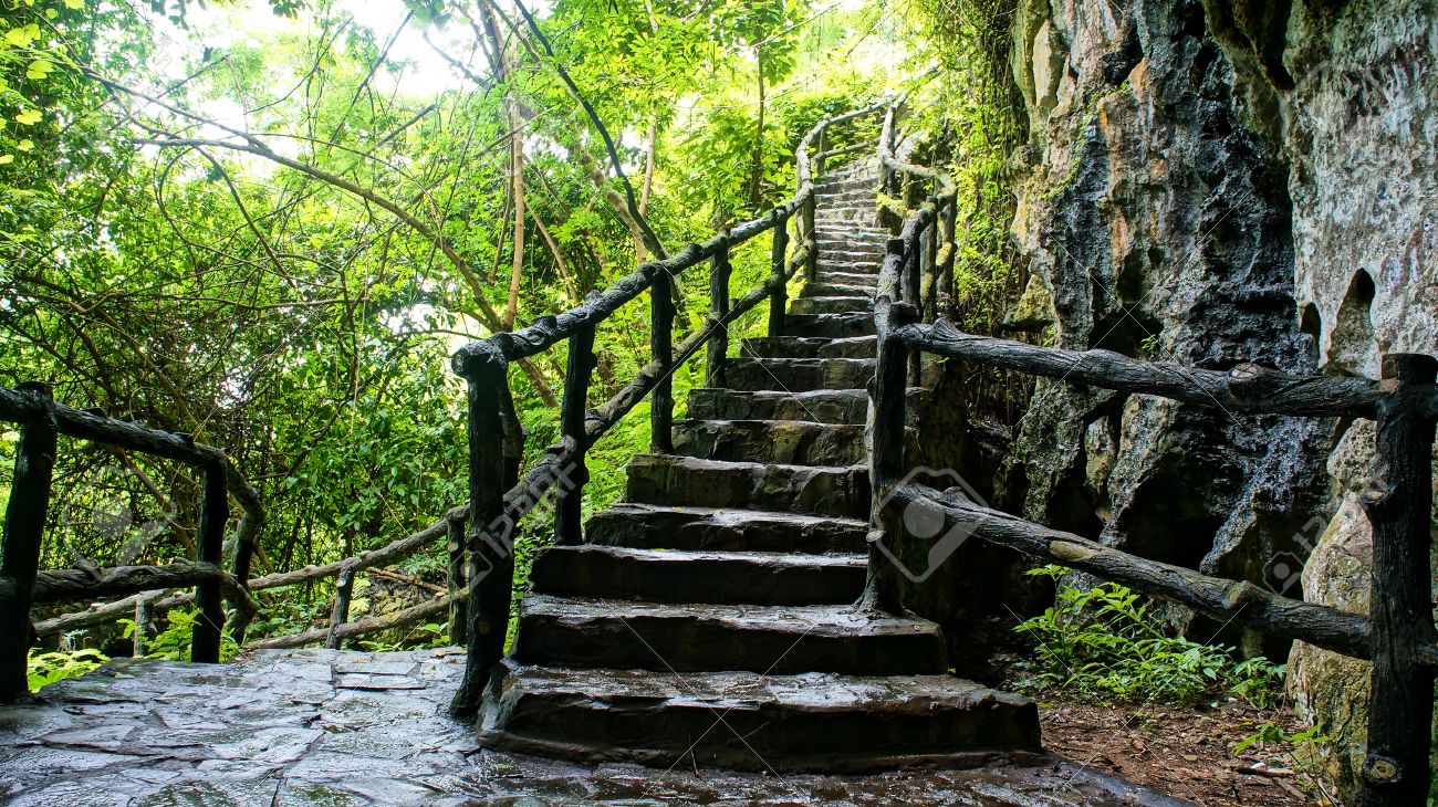 Amazing scene at mekong delta rocky mountain, old stone staircase ...
