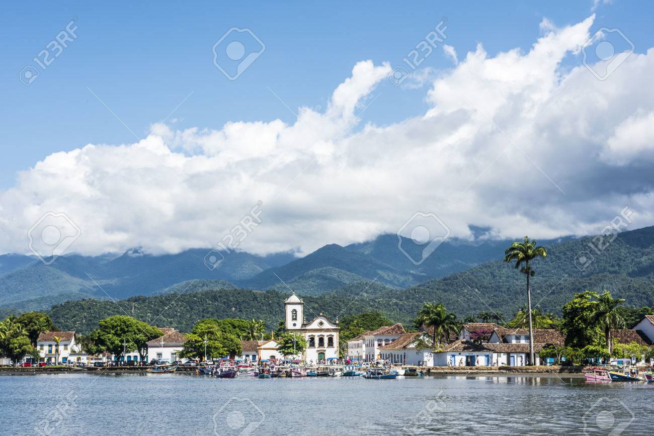 Paraty, Brazil - February 27, 2017: Tourist boats waiting for tourists near the Church Igreja de Santa Rita de Cassia in Paraty, state Rio de Janeiro, Brazil - 84693066 Paraty, Brazil - February 27, 2017: Tourist boats waiting for tourists near the Church Igreja de Santa Rita de Cassia in Paraty, state Rio de Janeiro, Brazil - 84693066