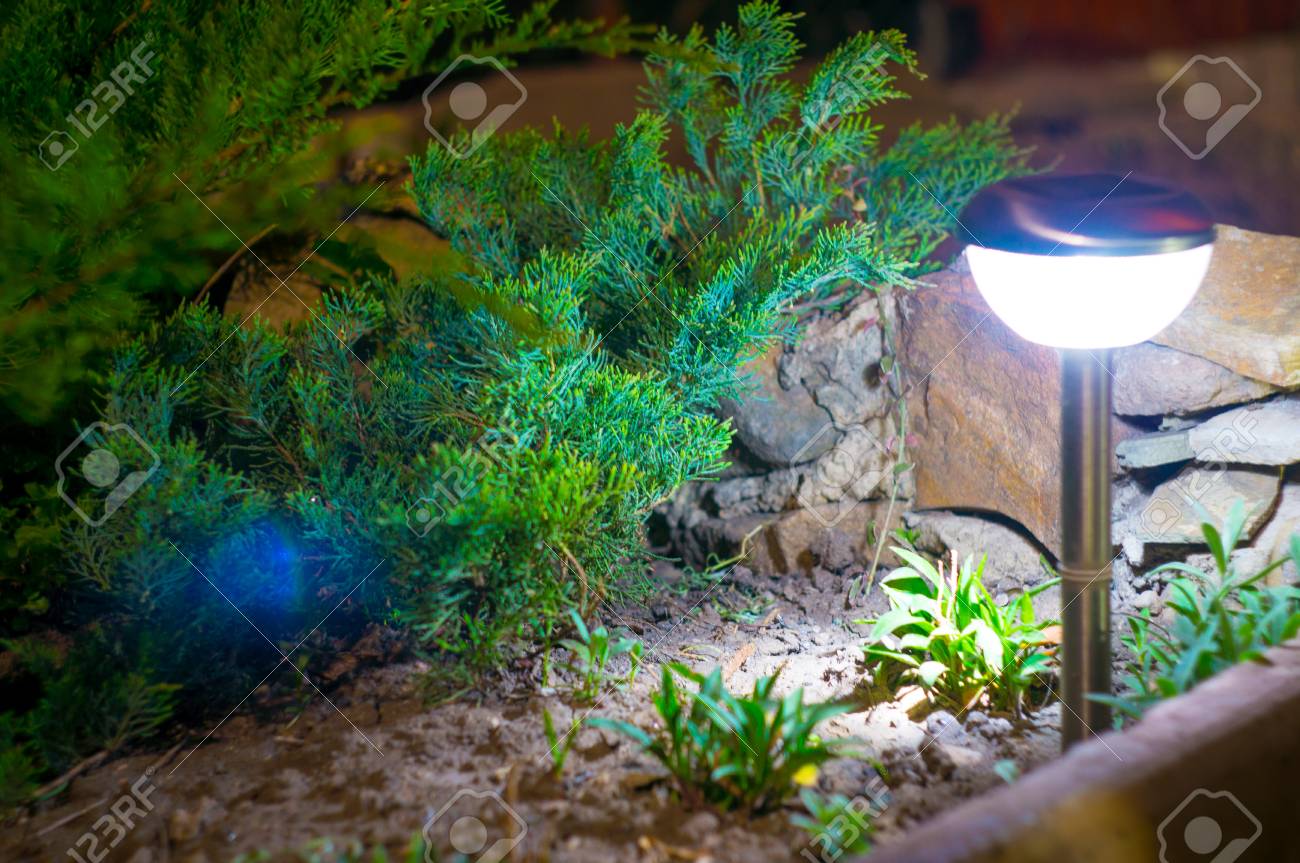 Solar Laternen Garten Licht Mit Strauchern Und Rock Zu Hause Lizenzfreie Fotos Bilder Und Stock Fotografie Image 78132272