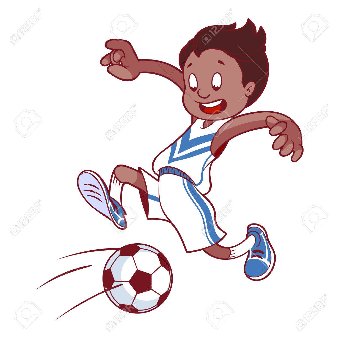 サッカーで遊ぶ元気な子です 漫画のベクトル図です のイラスト素材 ベクタ Image