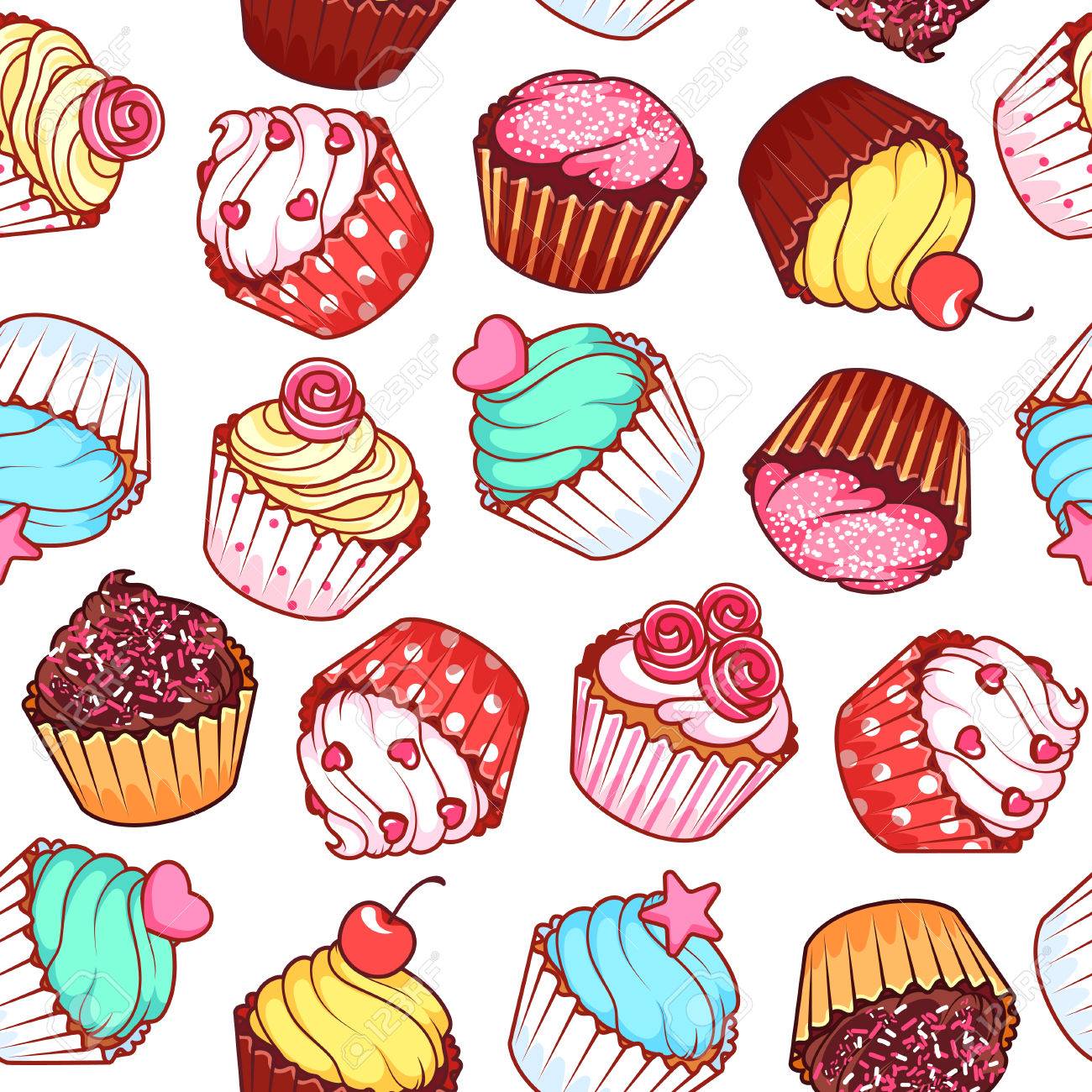 Seamless Pattern With Different Cupcakes On A White Background