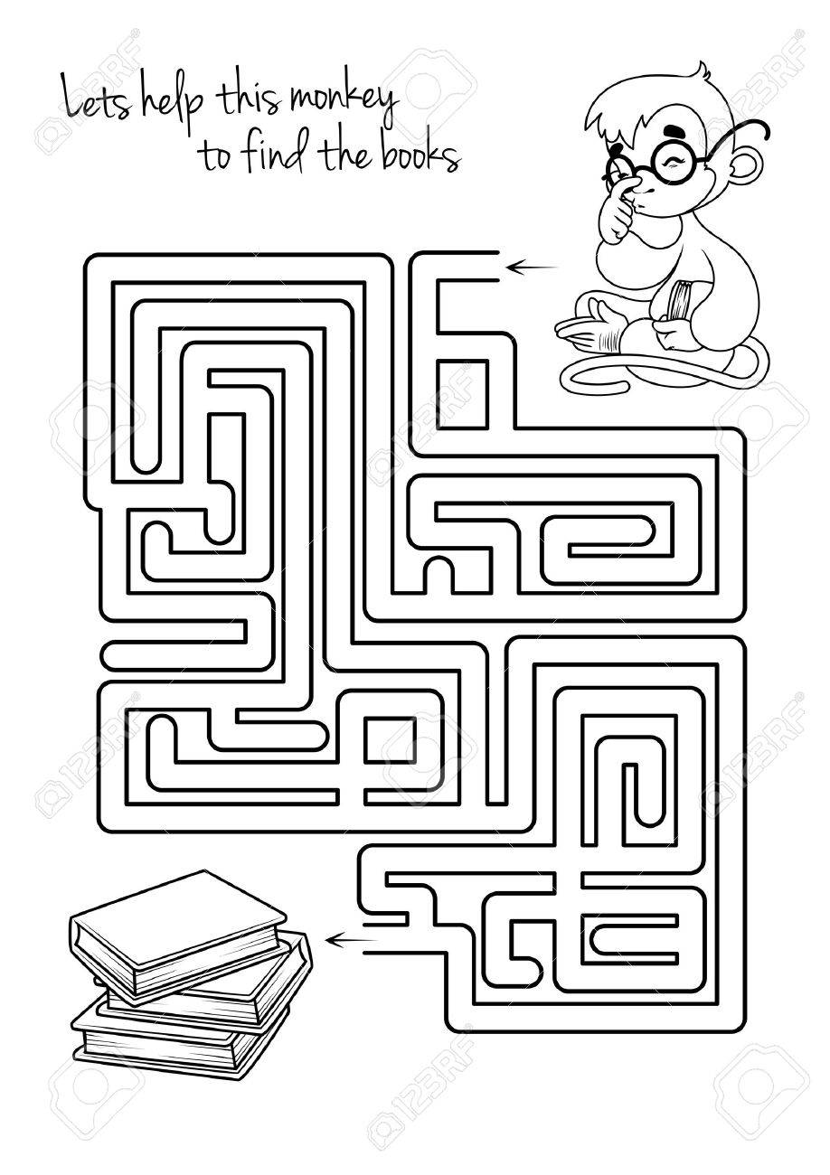 maze game for kids with monkey and books lets help this monkey maze game template