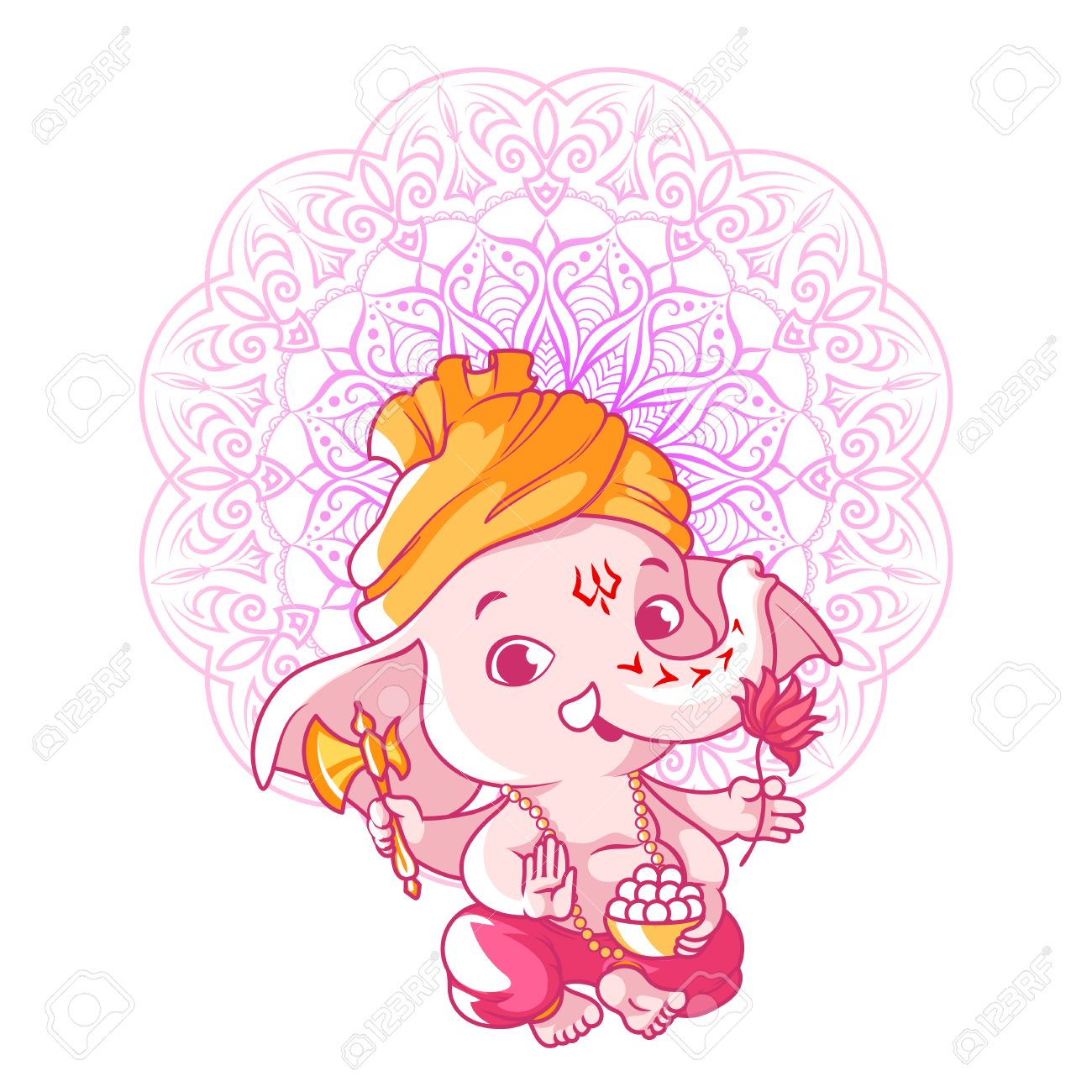 小さなかわいいガネーシャ。漫画のキャラクター。白の背景にベクトル