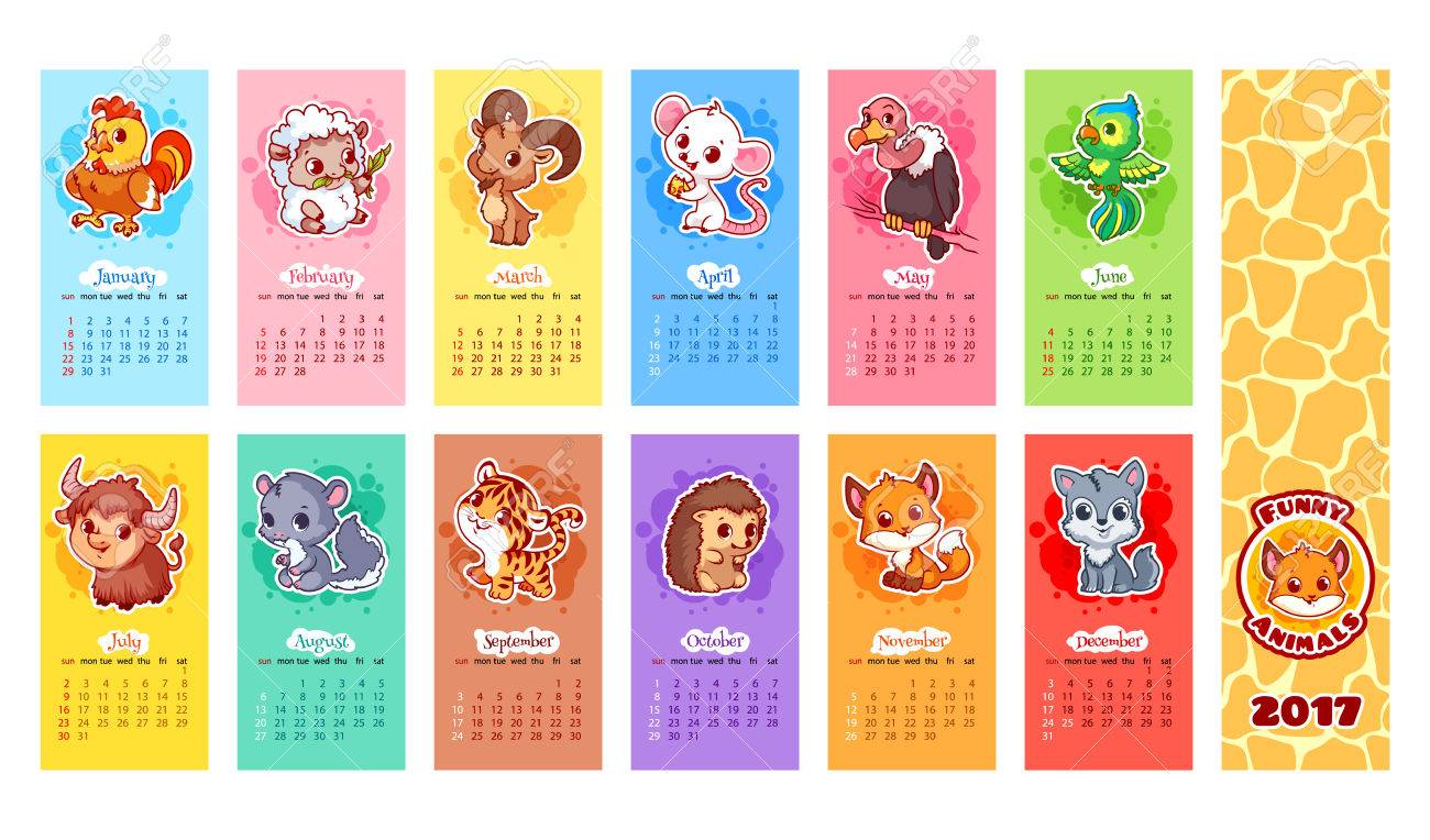 動物と 17 年のカレンダーです 週は日曜日から開始します 面白い漫画のキャラクター 子供のカレンダー テンプレートです のイラスト素材 ベクタ Image