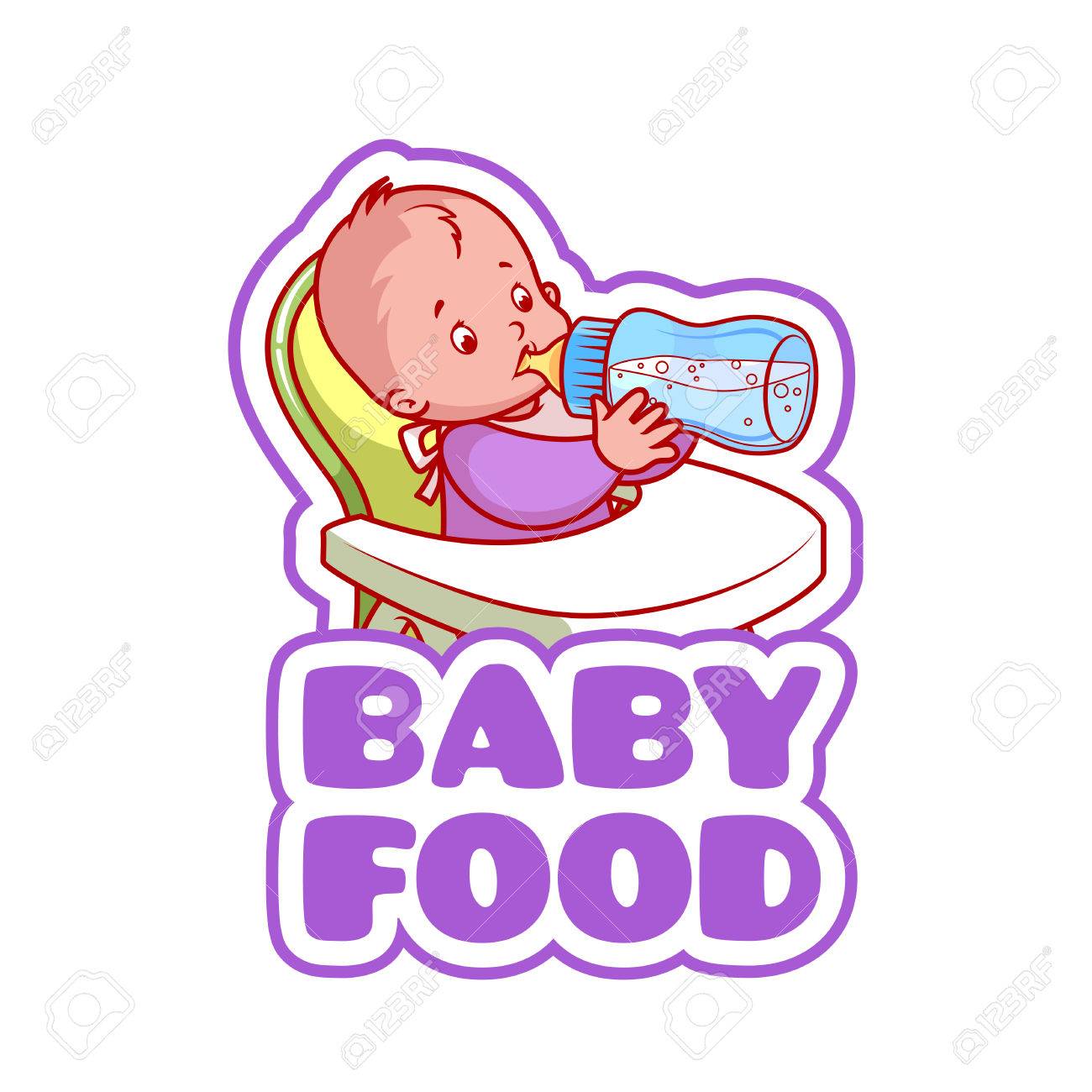 ベビー ハイチェア ミルクのボトル付けでかわいい子は ベビーフードの会社のロゴ ベクトル クリップ アート イラスト白背景に分離されました のイラスト素材 ベクタ Image