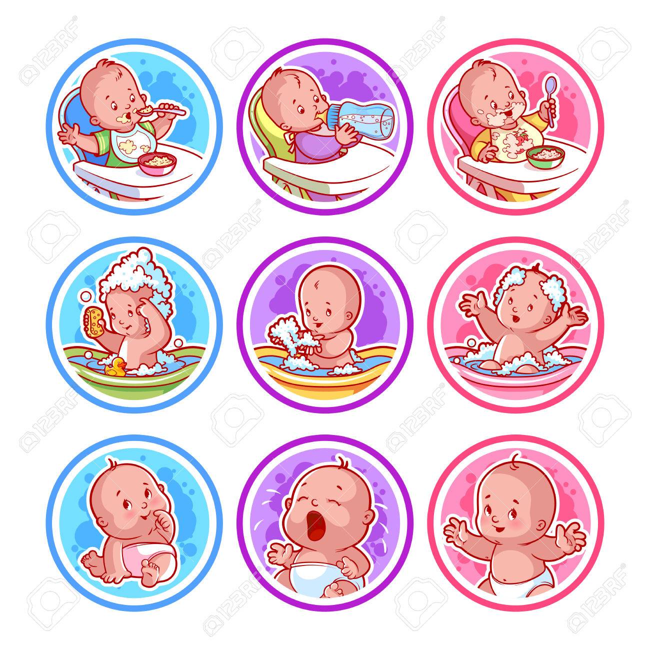 Set Aufkleber Mit Babys Babynahrung Und Baden Vektor Cartoon Illustration Auf Einem Weissen Hintergrund Lizenzfrei Nutzbare Vektorgrafiken Clip Arts Illustrationen Image 58450324