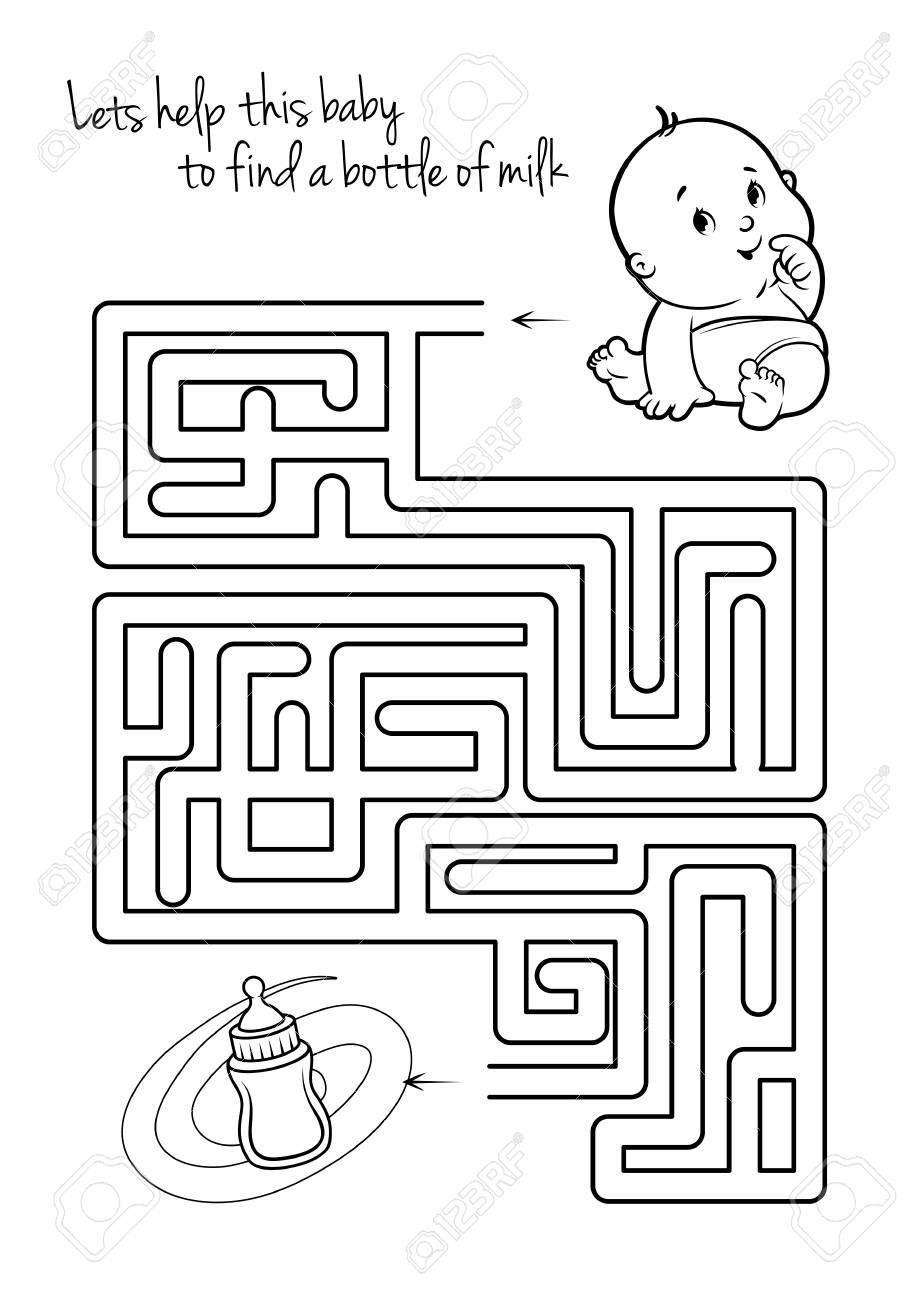 乳児や牛乳と子供たちの迷路ゲーム ミルクのボトルに彼の方法を見つけるこの赤ちゃんをましょう 黒と白のスタイルのゲームでベクトル テンプレート ページです のイラスト素材 ベクタ Image