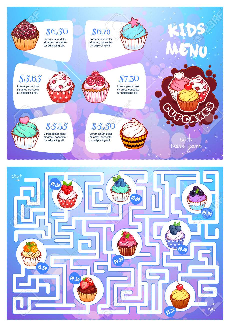 kids menu with cupcakes and maze game template tri fold menu