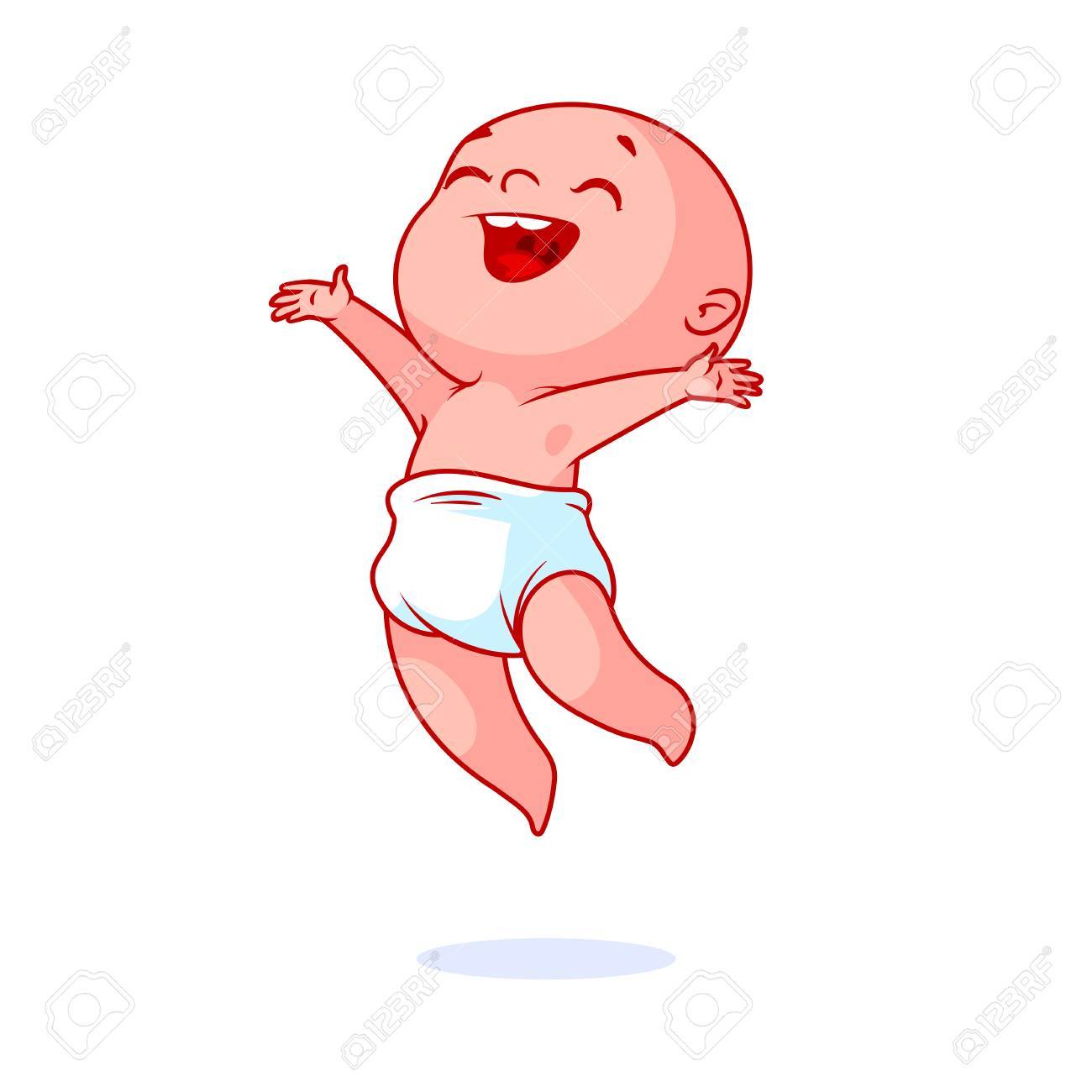 おむつで非常に幸せな赤ちゃん 面白い漫画のキャラクターをジャンプします ベクター グラフィックは 白い背景で隔離 のイラスト素材 ベクタ Image