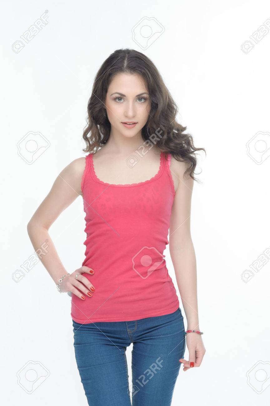 pink shirt blue jeans