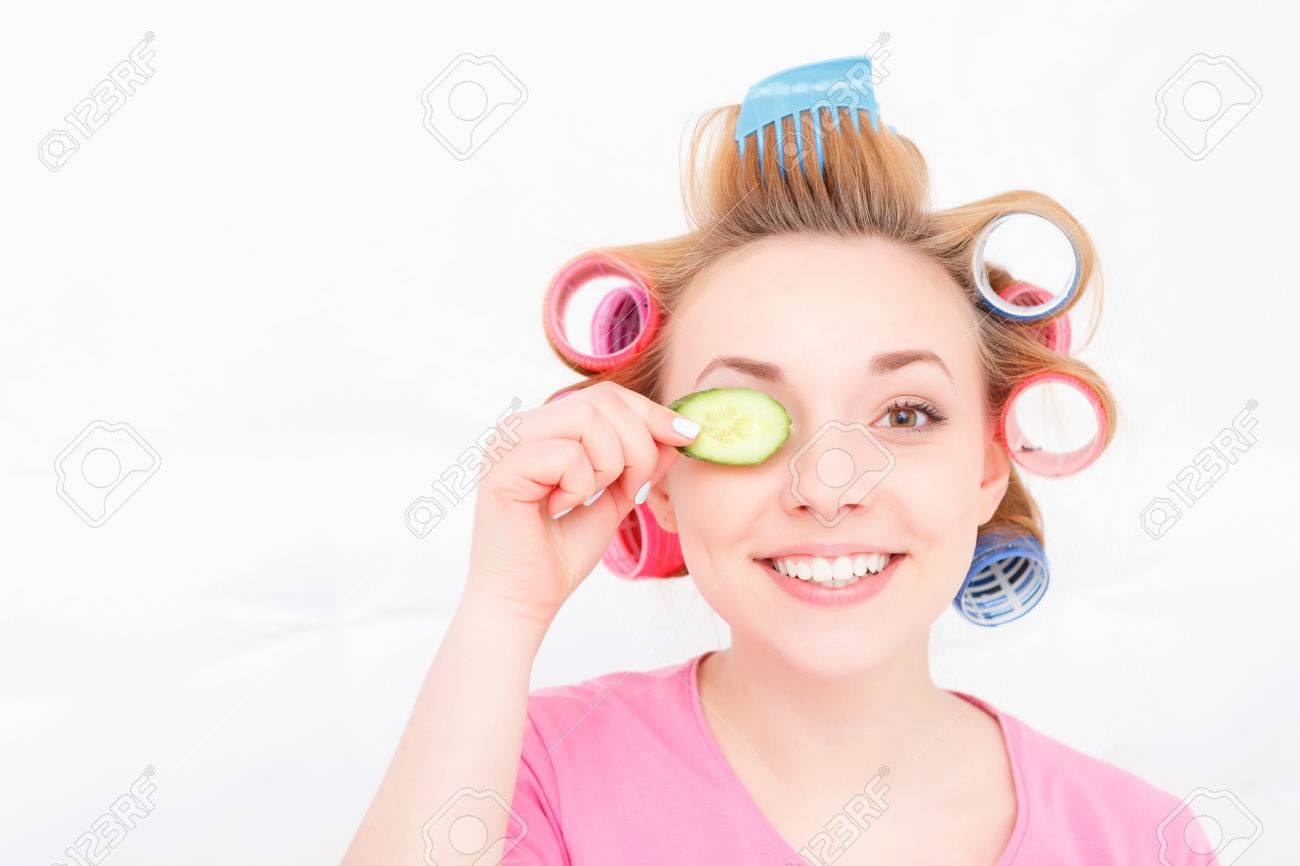 Happy Youth Young Pretty Girl Wearing Colorful Hair Curlers