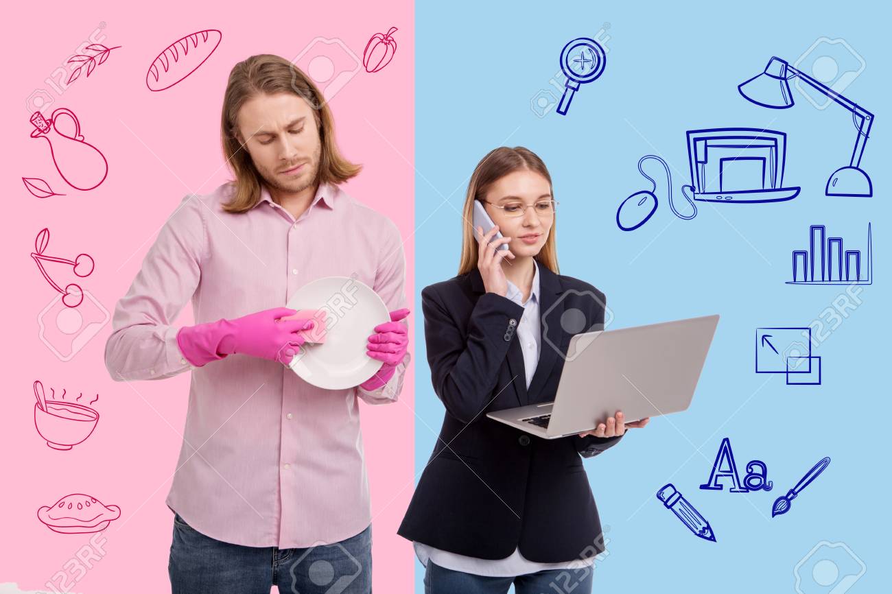 Changing Gender Roles. Smiling Businesswoman Talking On The Phone While Her  Kind Attentive Husband Washing The Dishes Ant Home Stock Photo, Picture And  Royalty Free Image. Image 101444688.