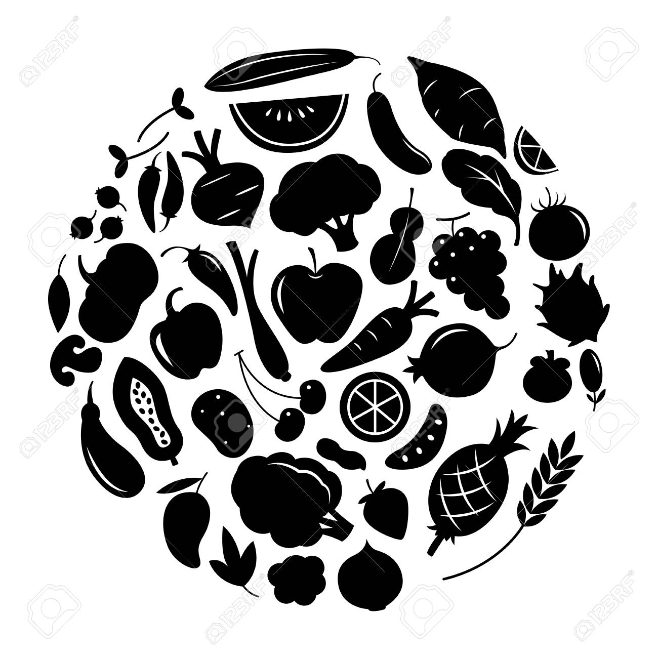 Graphic Fruit And Vegetable Vector Illustration Black On White Background.  Royalty Free SVG, Cliparts, Vectors, and Stock Illustration. Image 98010078., image size:1300x1300