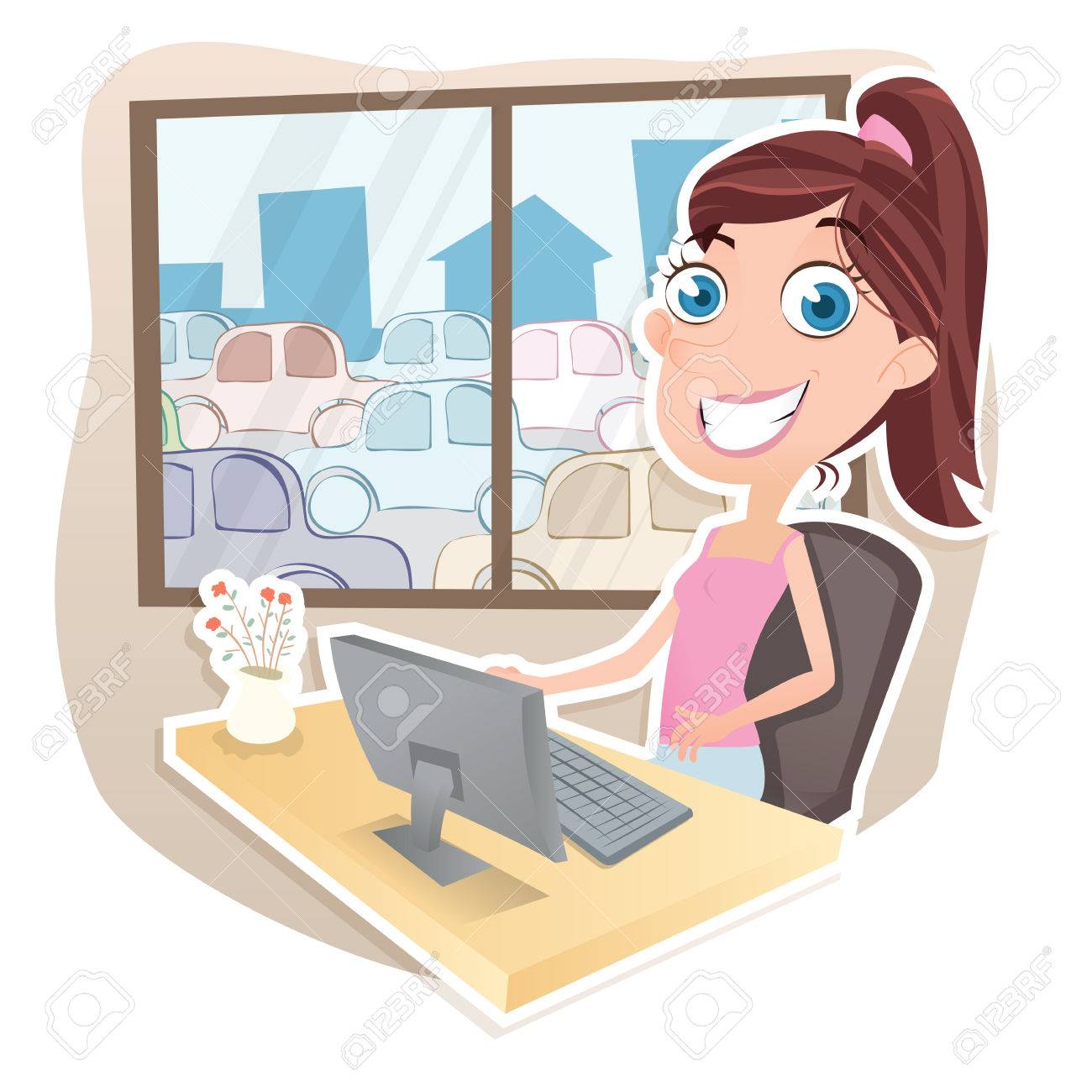 Cartoon Madchen Mit Computer An Ihrem Hause Arbeiten Lizenzfrei