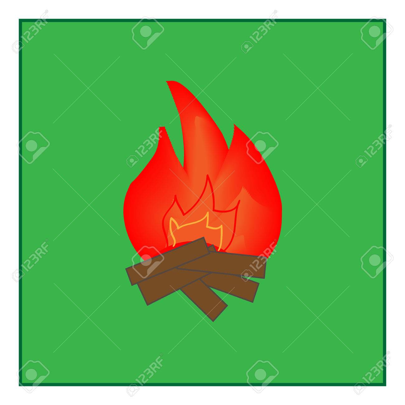 Kindle の緑の正方形の火のサイン 白い背景上に分離 Kindle のキャンプファイヤーのシンボル マーク キャンプファイヤー サイン画像を Kindle します 緑色のステッカー ベクトル イラスト フラット ベクトル画像 ベクトル図 のイラスト素材 ベクタ Image
