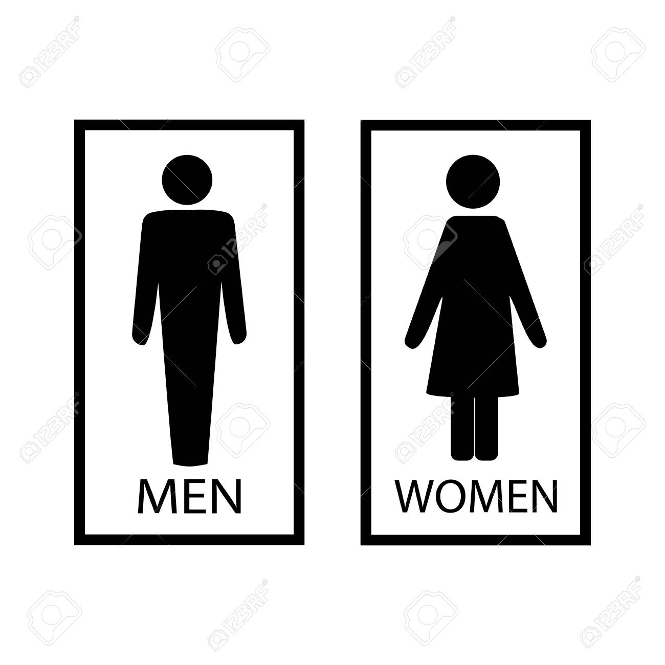 Black Silhouette Men And Women Icon In White Rectangle. Sign Restroom Women  And Men. Icon Public Toilette And Bathroom For Hygiene. Template For  Poster, Sign. Flat Vector Image. Vector Illustration Royalty Free