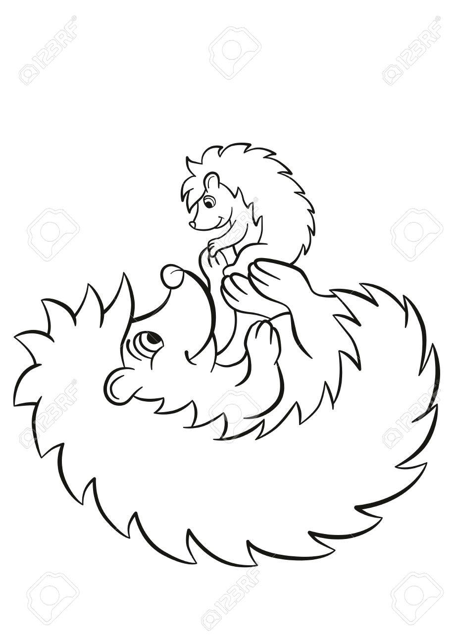 着色のページ Hedgegoh は 足の小さなかわいいハリネズミの赤ちゃんを保持します 彼らは 笑顔と幸せが のイラスト素材 ベクタ Image