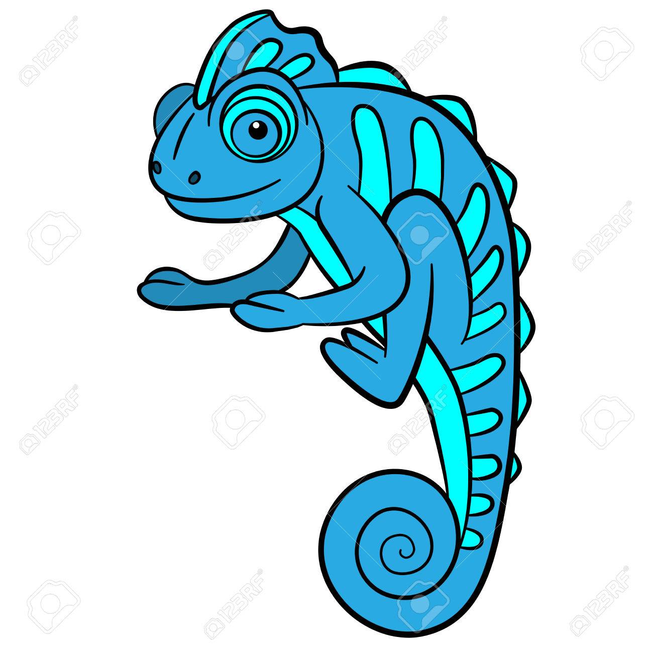 子供のための漫画の動物 小さなかわいい青カメレオン笑顔 のイラスト素材 ベクタ Image