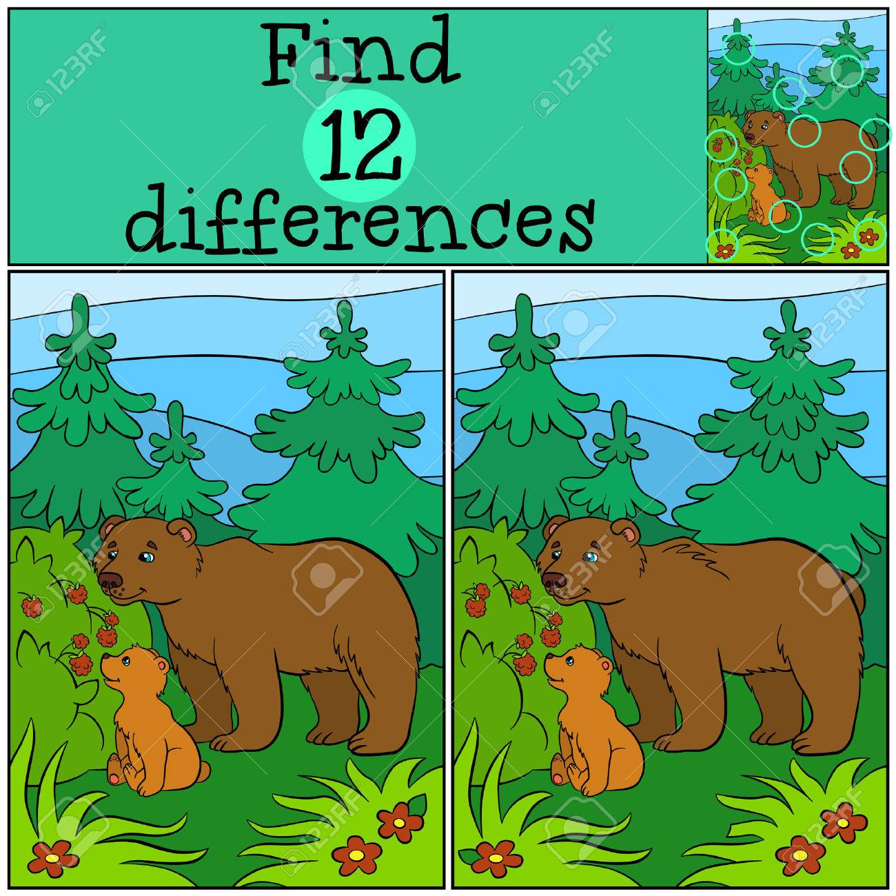 Jeux D Enfants Trouver Des Differences Papa Ours Avec Son Petit Ours Mignon Bebe Regarde La Framboise Dans La Foret Clip Art Libres De Droits Vecteurs Et Illustration Image