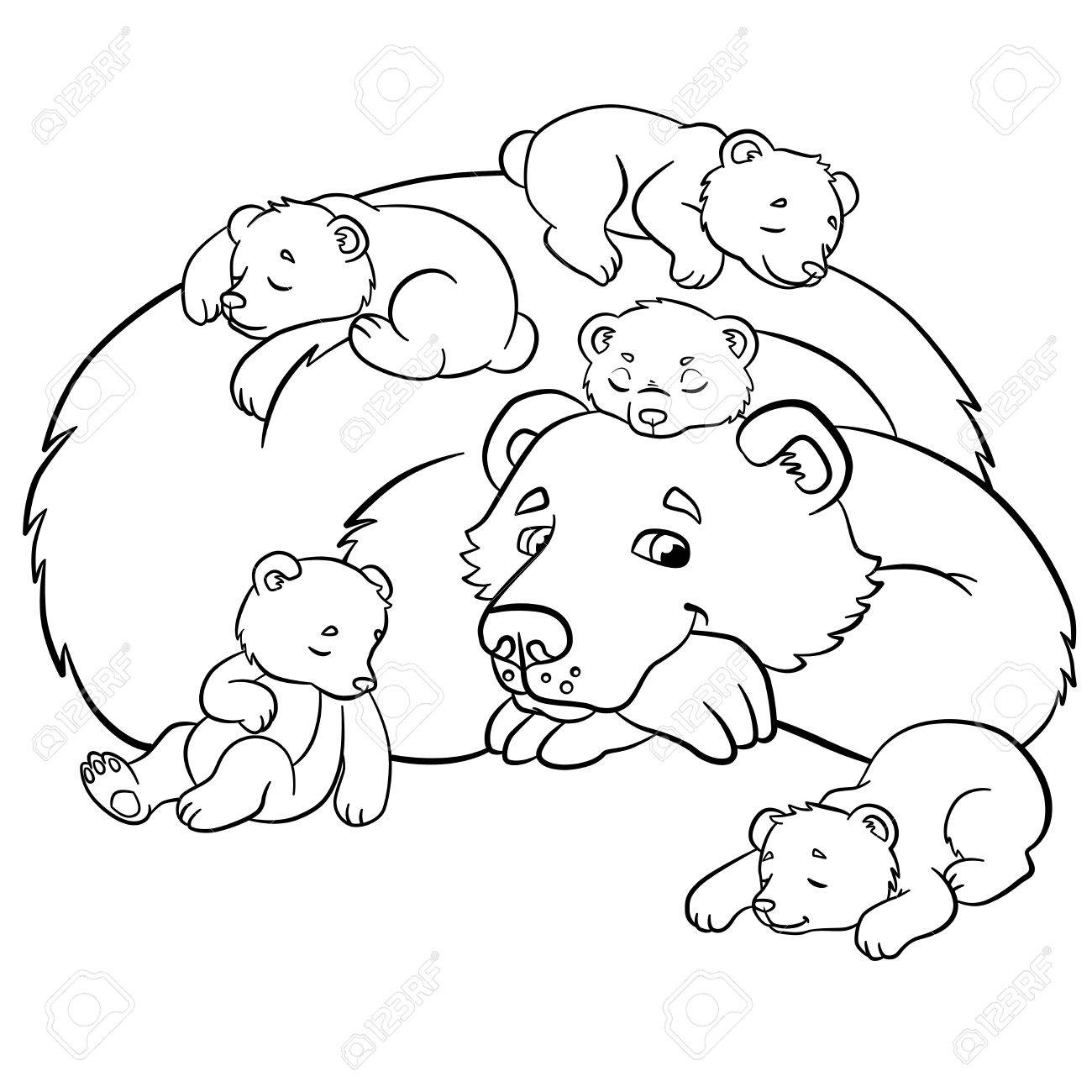 Coloring pages Wild animals Kind bear looks at little cute baby bears and smiles