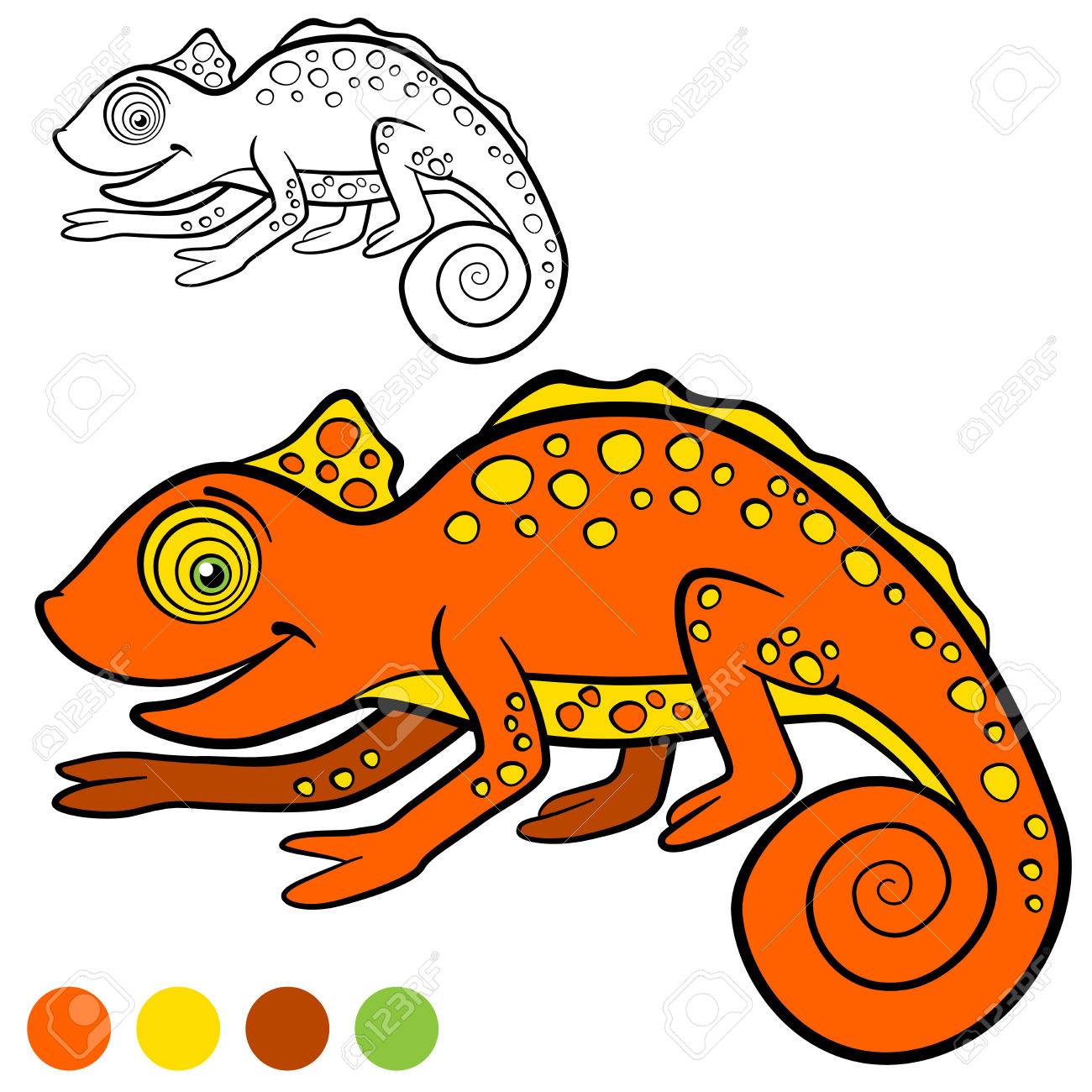 ページを着色 私に色 カメレオン 小さなかわいいオレンジ色のカメレオンの笑顔 のイラスト素材 ベクタ Image