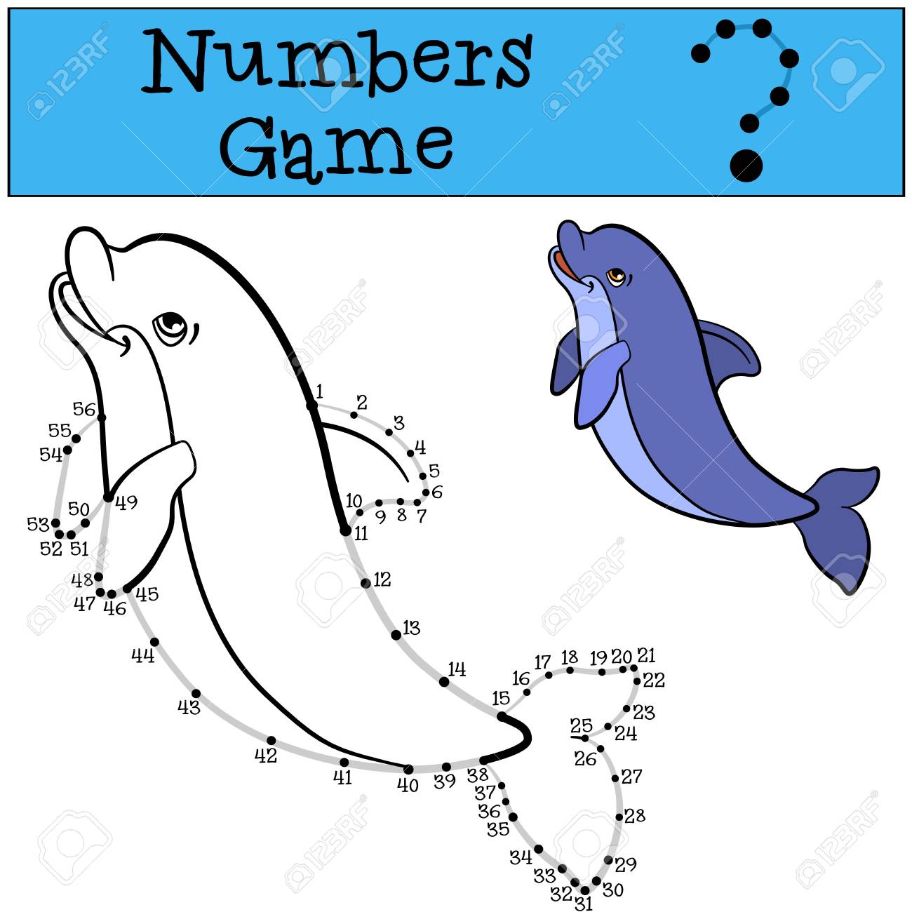 子供のための教育用ゲーム 輪郭数字ゲーム 小さなかわいいイルカは泳ぐし 笑顔します のイラスト素材 ベクタ Image