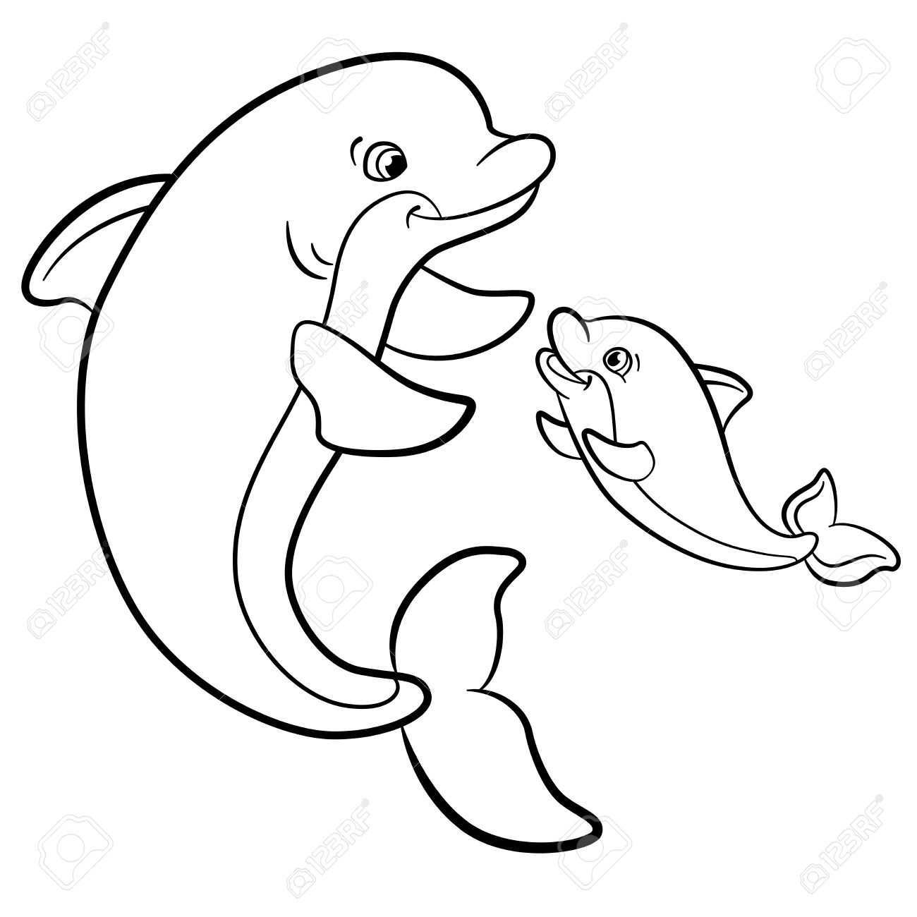 Malvorlagen. Marine-wilde Tiere. Mutter Delphin schwimmt mit ihrem kleinen niedlichen Baby-Delphin. Malvorlagen. Marine-wilde Tiere. Mutter Delphin schwimmt mit ihrem kleinen niedlichen Baby-Delphin.