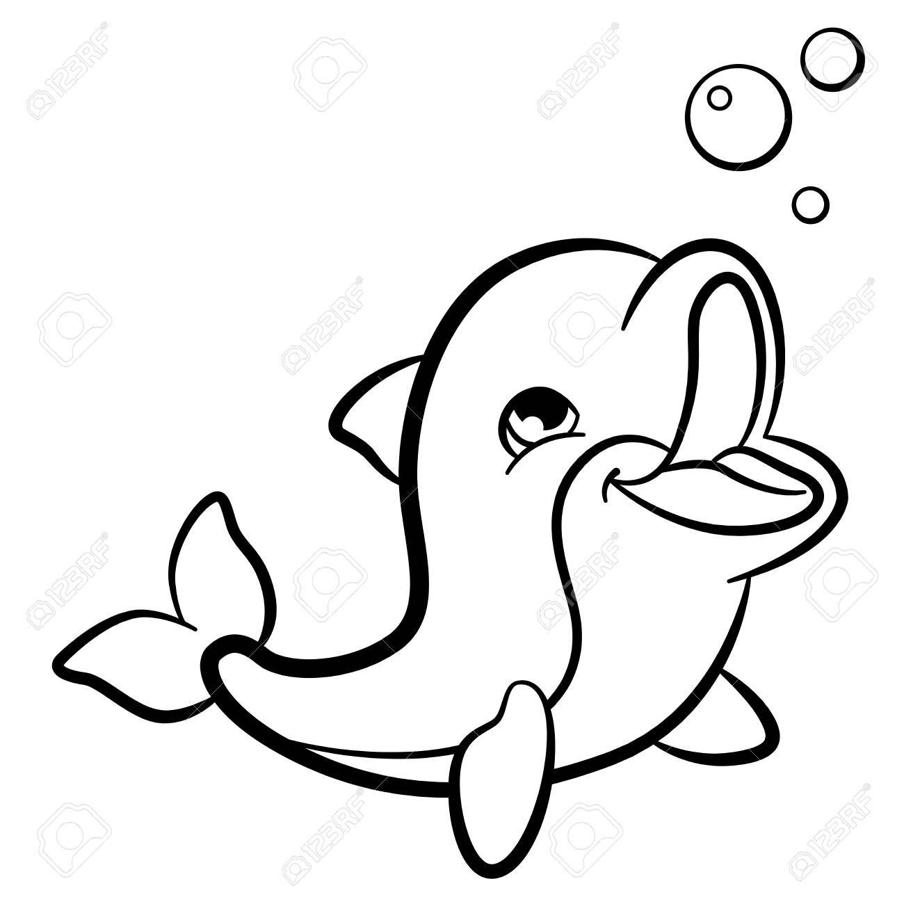 Coloring pages Marine wild animals Little cute baby dolphin smiles Stock Vector