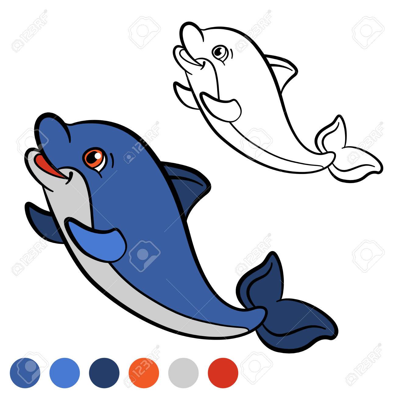 Coloring page Color me dolphin Little cute baby dolphin swims and smiles