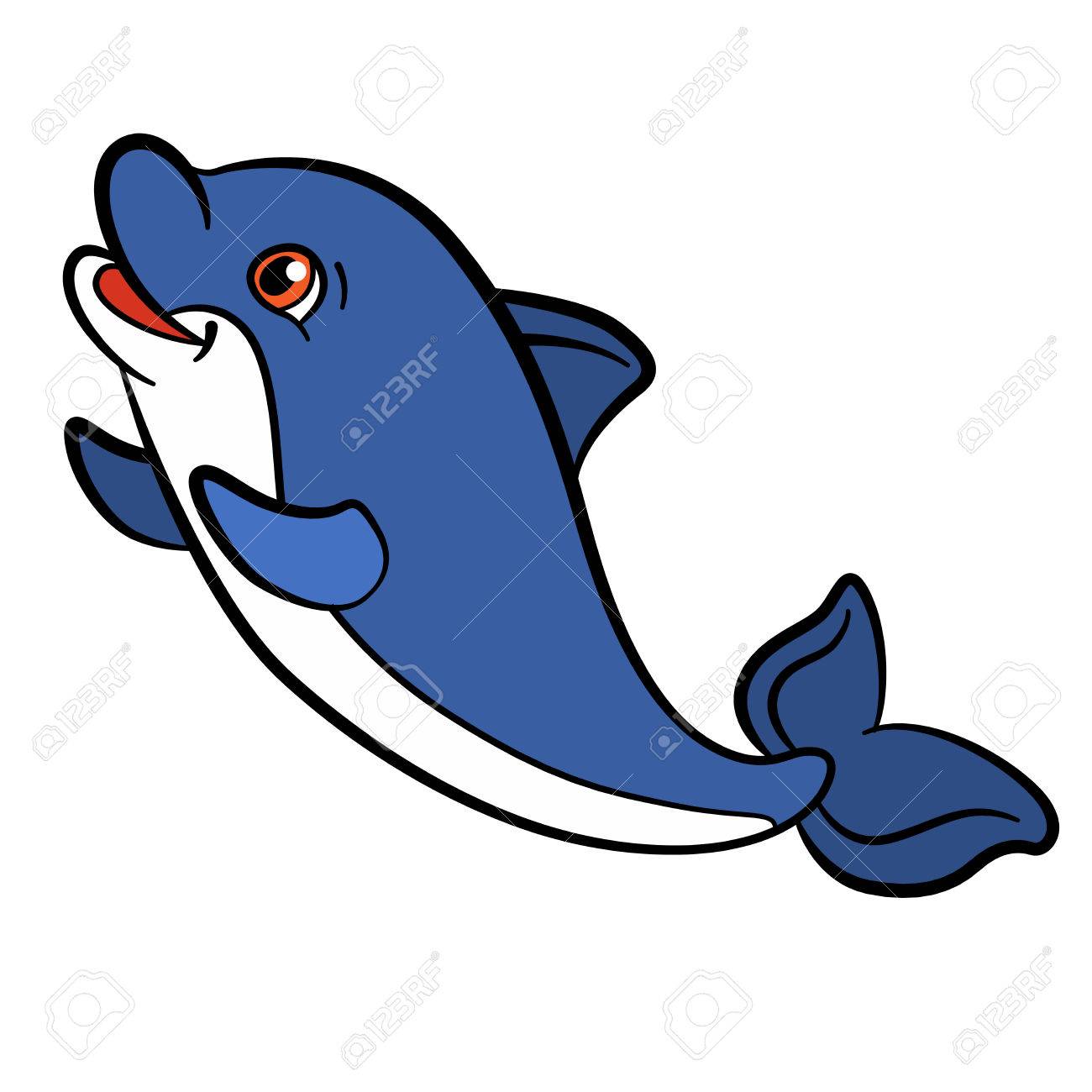 子供のための漫画の動物 小さなかわいい赤ちゃんイルカは泳ぐし 笑顔します のイラスト素材 ベクタ Image