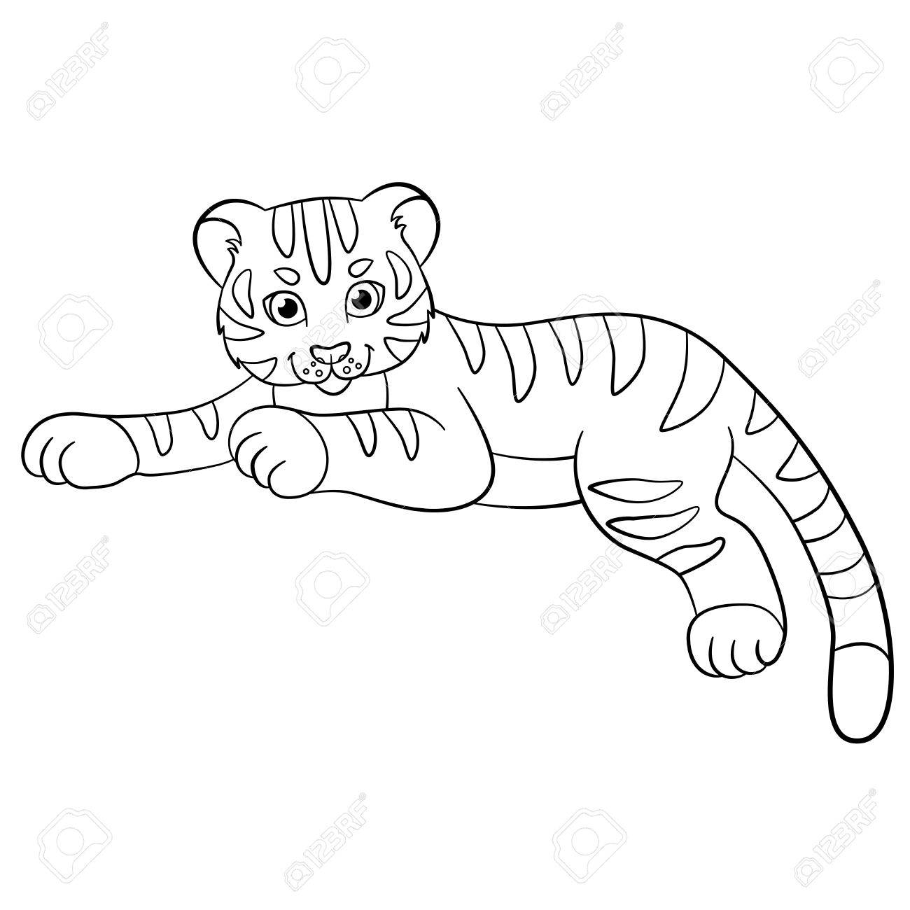 Coloriage Animaux Sauvages Petit Bebe Tigre Mignon Pose Et Sourit Clip Art Libres De Droits Vecteurs Et Illustration Image 5619