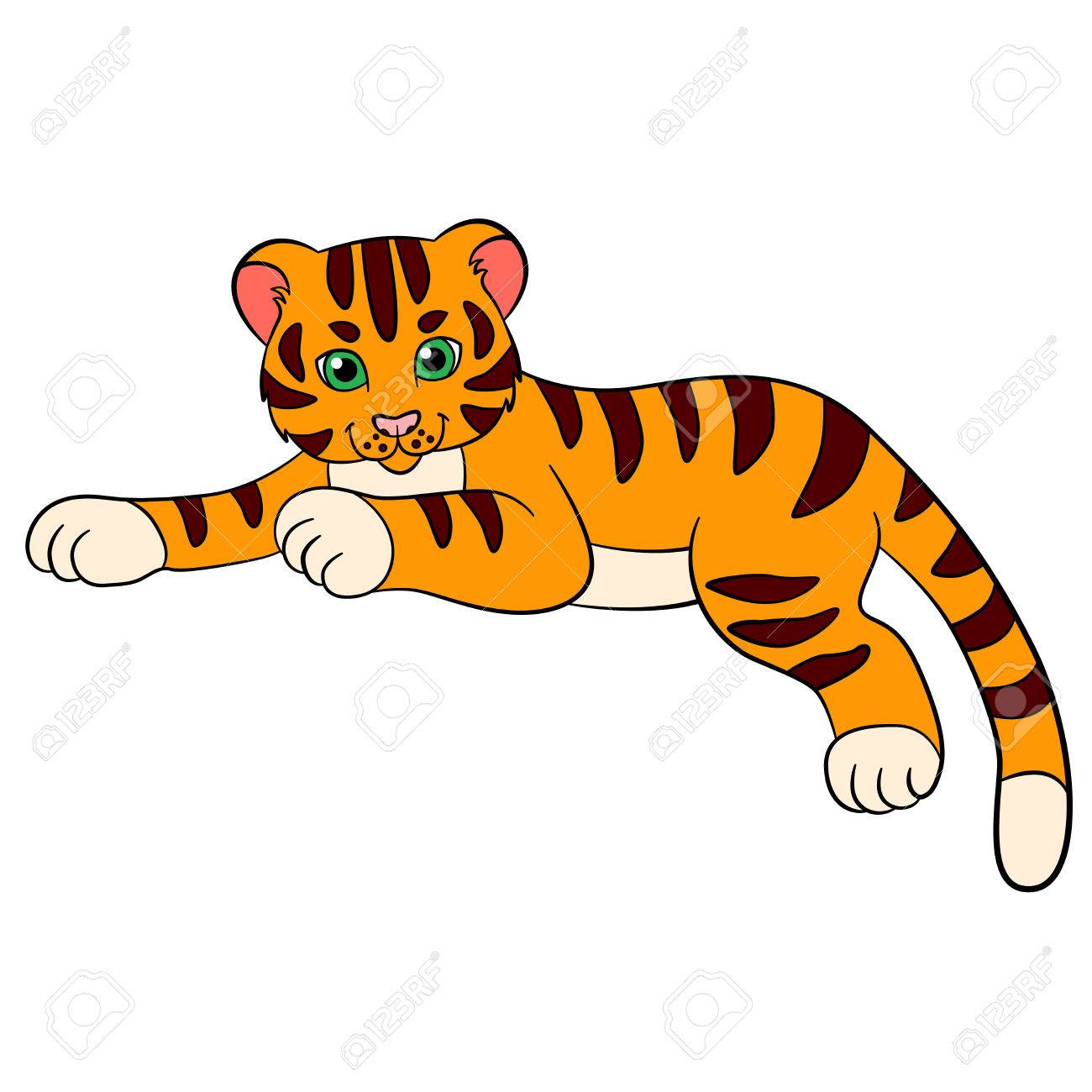 子供のための漫画の野生動物 虎 小さなかわいい赤ちゃんトラは産むし 笑顔します のイラスト素材 ベクタ Image
