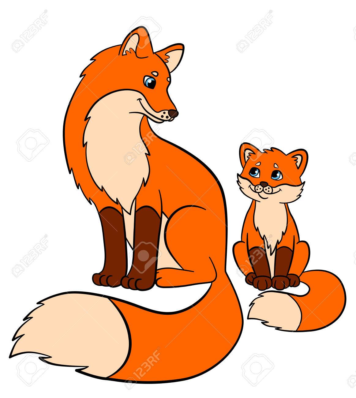 Cartoon Les Animaux Sauvages Pour Les Enfants Fox Mere Renard Est Assis Avec Son Petit Bebe Renard Mignon Clip Art Libres De Droits Vecteurs Et Illustration Image