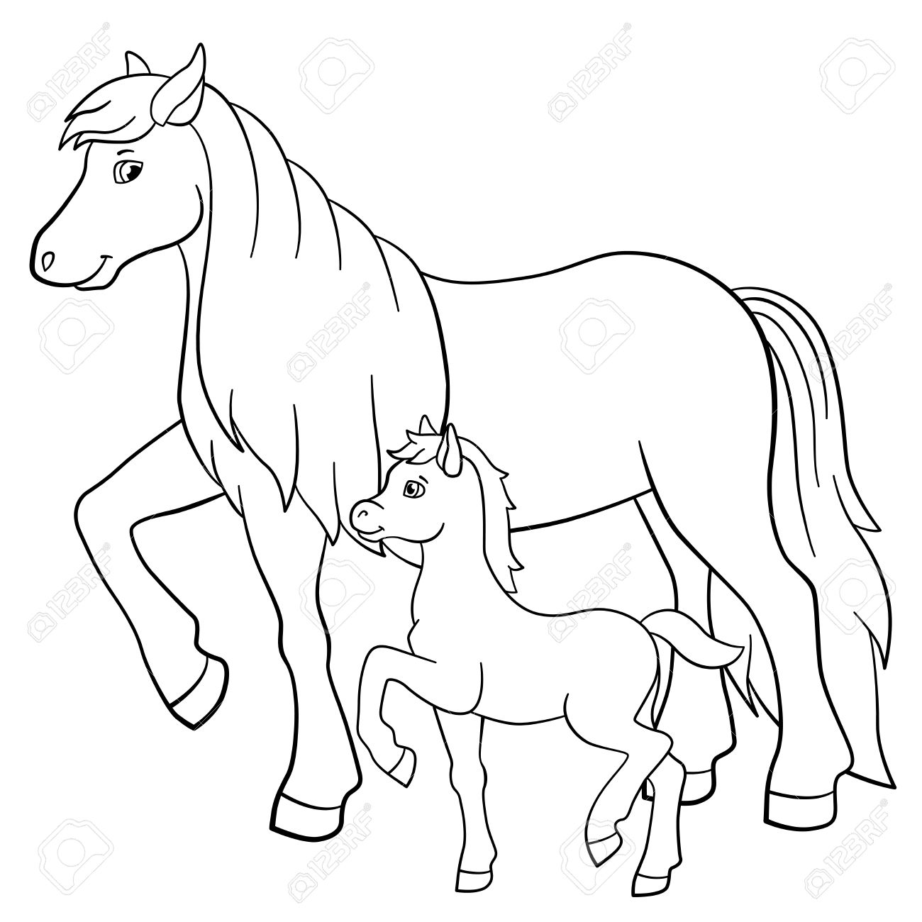 着色のページ 農場の動物 母馬は 彼女の小さなかわいい馬で歩きます のイラスト素材 ベクタ Image 59774361