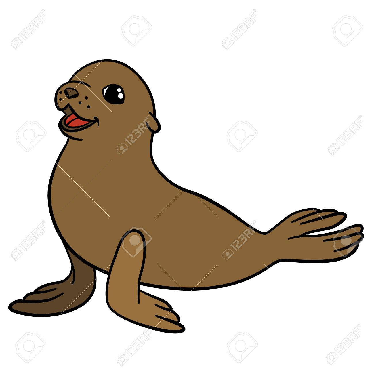 漫画の動物 小さなかわいい茶色の赤ちゃんオットセイ笑顔 のイラスト素材 ベクタ Image