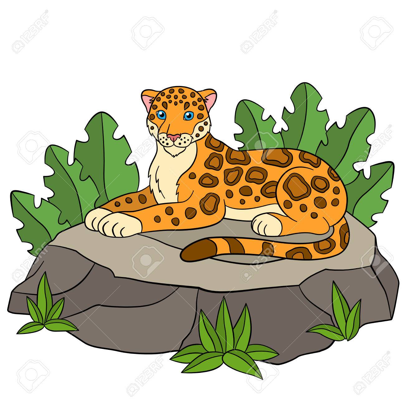 子供のための漫画の動物 かわいいジャガーは石の上に産みます のイラスト素材 ベクタ Image