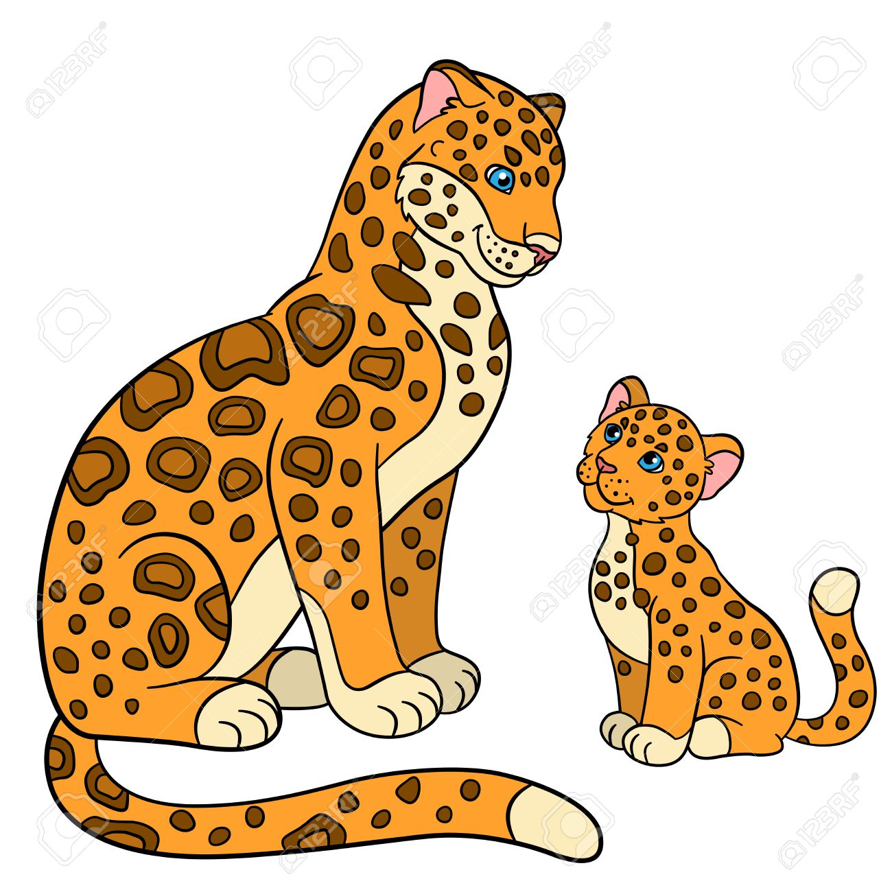 子供のための漫画の動物 彼女の小さなかわいい赤ちゃんを持つ母親ジャガー のイラスト素材 ベクタ Image