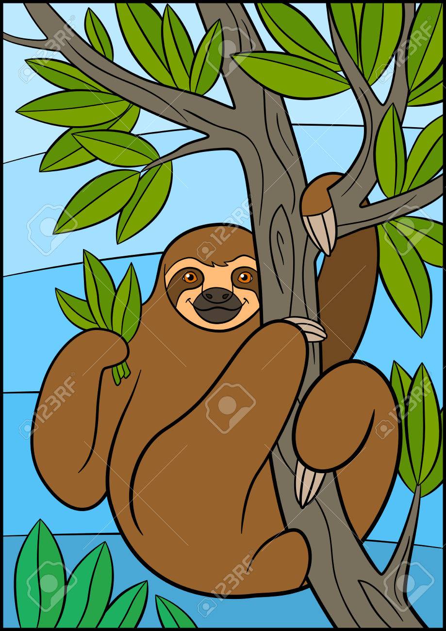 漫画の動物 かわいい怠惰なナマケモノは木の枝と笑顔でハングします のイラスト素材 ベクタ Image