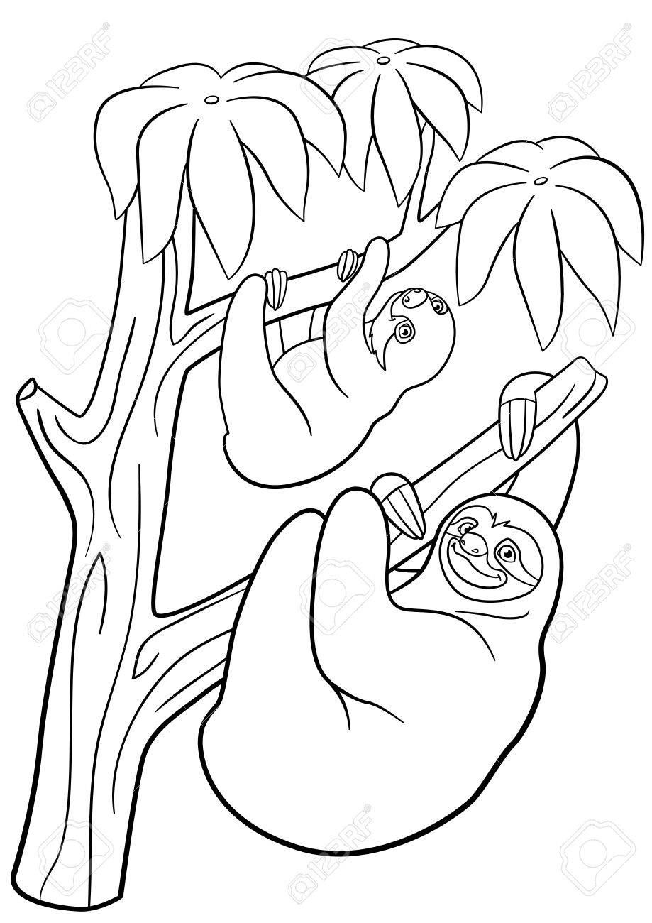 Coloring pages. Mother sloth with her little cute baby hangs.. Coloring pages. Mother sloth with her little cute baby hangs..