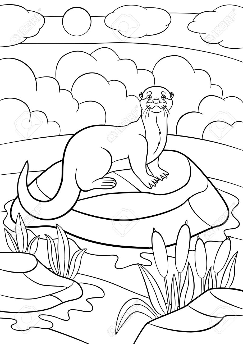 Coloring Pages. Little Cute Otter Stands On The Stone In The River And  Smiles. Royalty Free SVG, Cliparts, Vectors, and Stock Illustration. Image  62915901., image size:919x1300