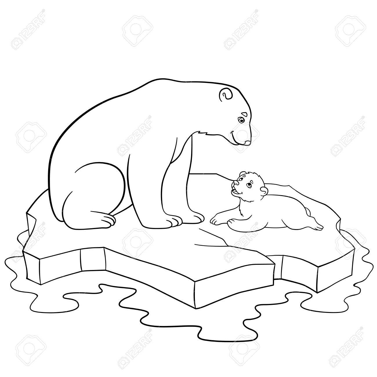 Coloring pages Mother polar bear sits on the ice floe with her little cute