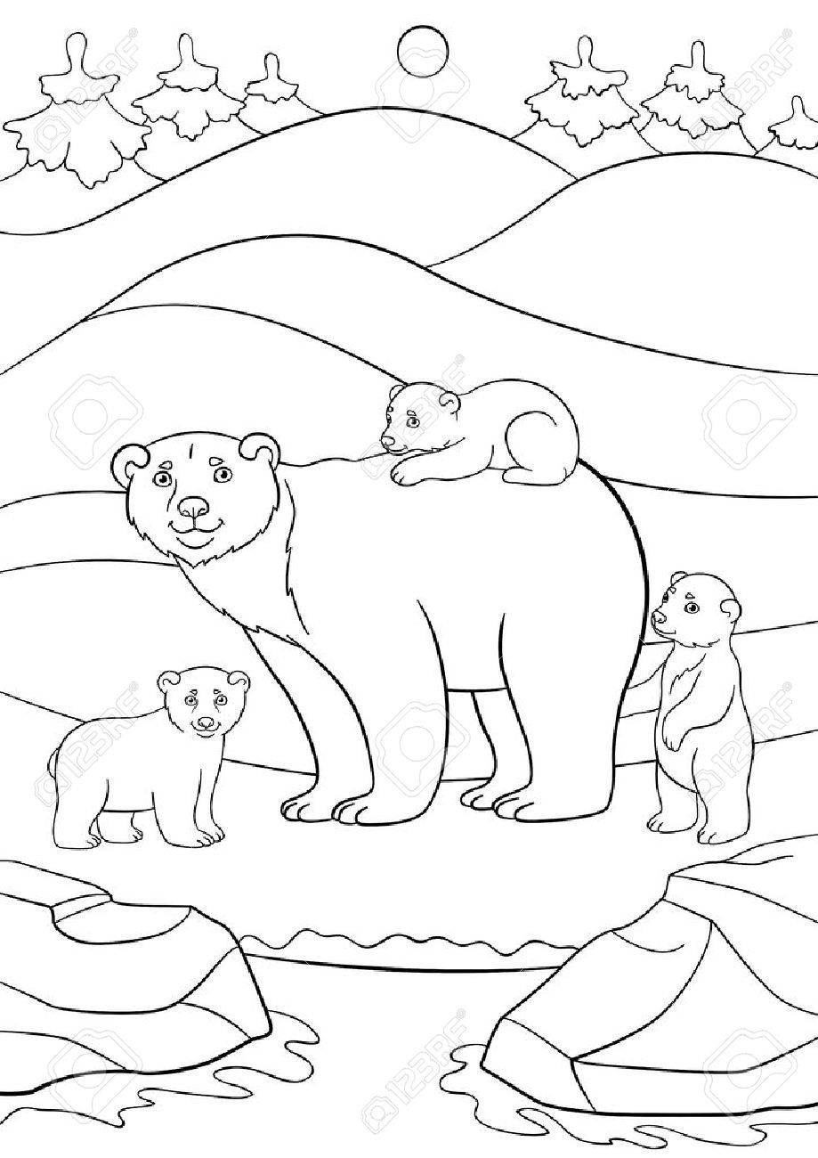 Coloring pages Mother polar bear stands on the snow with her little cute babies and
