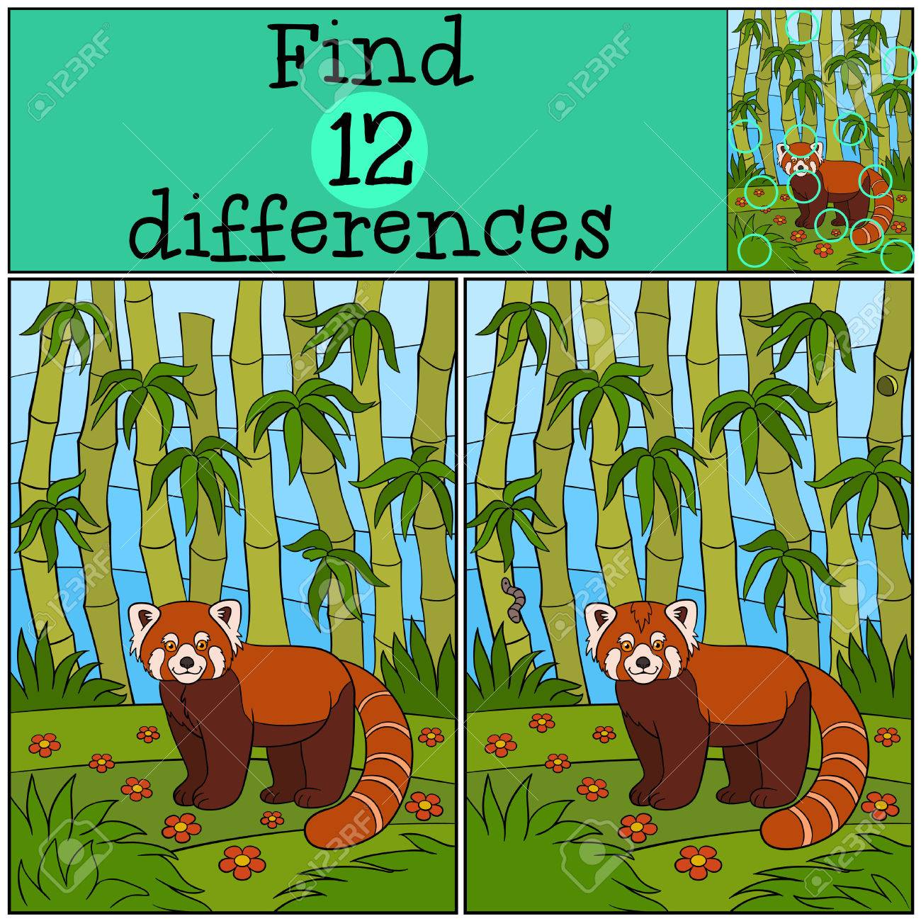 educational game find differences little cute red panda stands