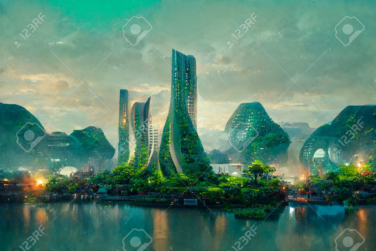Przyjazna dla środowiska panorama miasta sci-fi na wybrzeżu tropikalnej laguny morskiej grafiki cg. zielona roślina utopii pokryła budynki futurystycznego tła metropolii. ai grafika koncepcyjna wygenerowana przez sieć neuronową - 191510210 Przyjazna dla środowiska panorama miasta sci-fi na wybrzeżu tropikalnej laguny morskiej grafiki cg. zielona roślina utopii pokryła budynki futurystycznego tła metropolii. ai grafika koncepcyjna wygenerowana przez sieć neuronową - 191510210