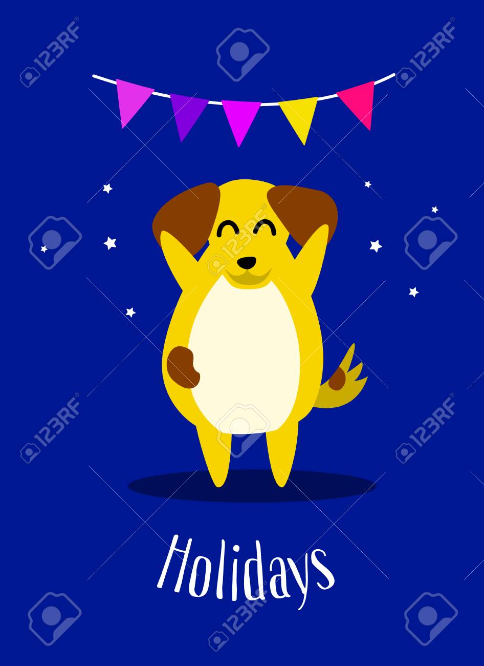 青い背景に旗を持つかわいい黄色の犬と花輪 フラットスタイル ベクトルカード のイラスト素材 ベクタ Image