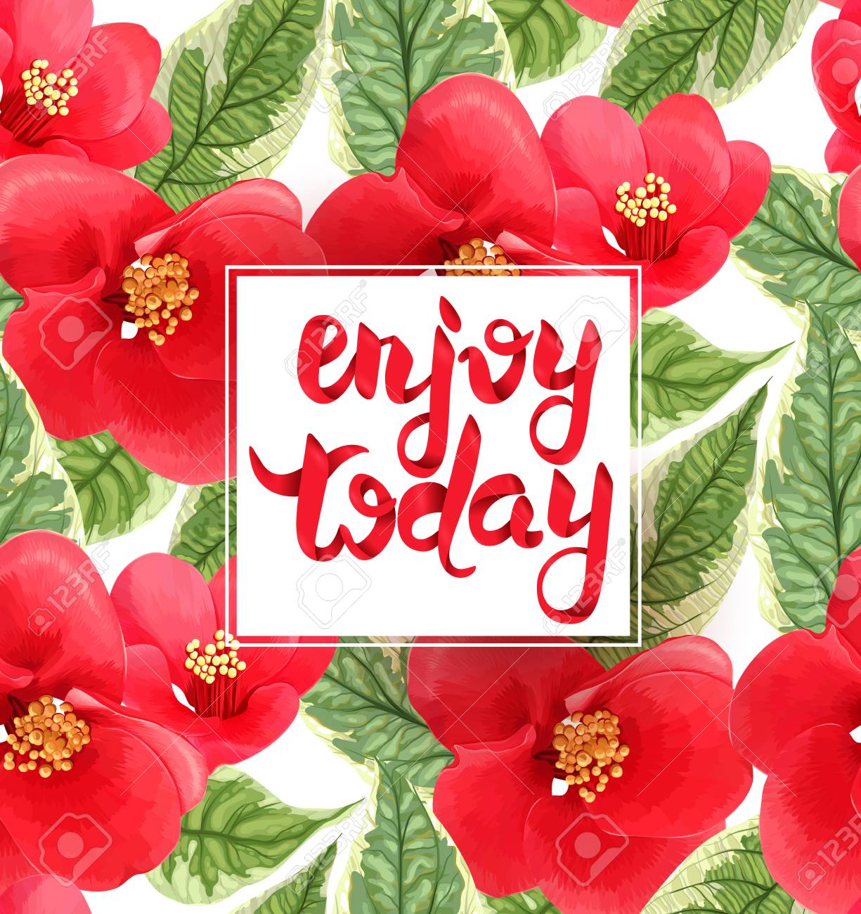 今日のレタリングをお楽しみください カラフルな春 赤い花や葉と夏のデザイン ジューシーなイラスト 背景に花のシームレスなパターン 咲く要素 植物組成物 のイラスト素材 ベクタ Image