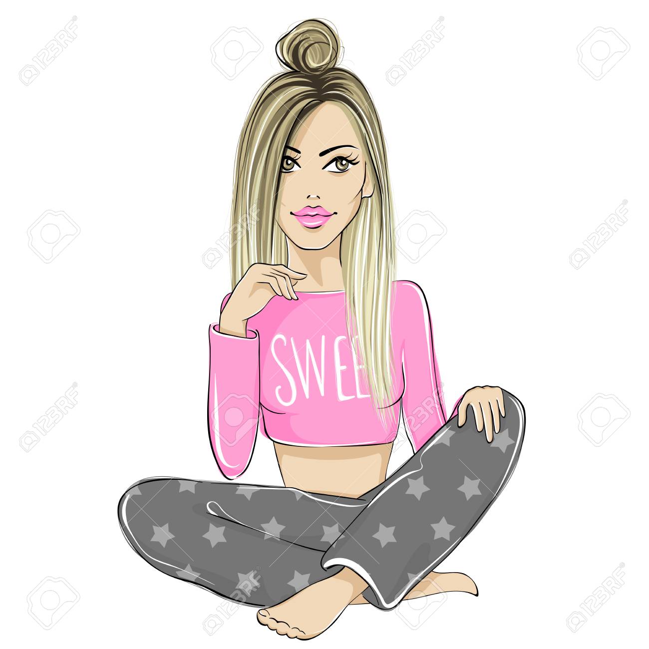 Cute vector girl. Fashion illustration in sketch style. Young..