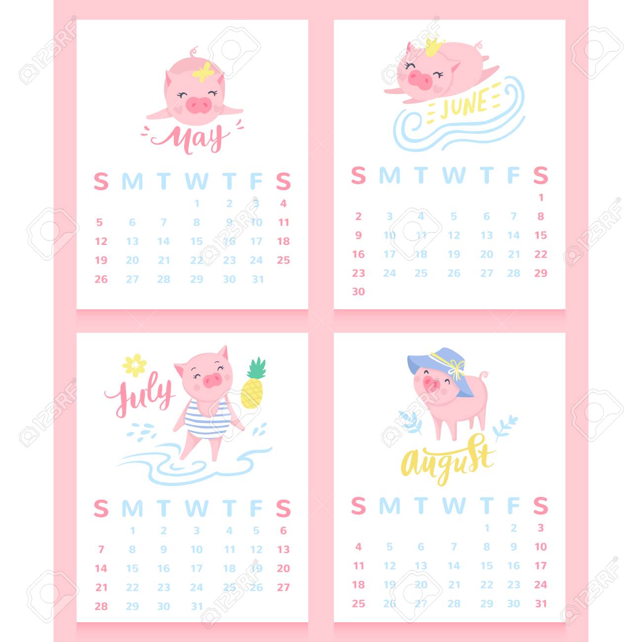 cartoon calendar 2019 with cute pigs may june july august june and july calendar